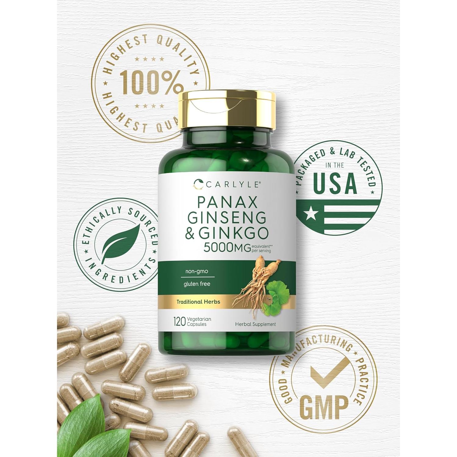 Cápsulas Vegetarianas Carlyle Ginseng y Ginkgo 5000mg - 120 Unidades