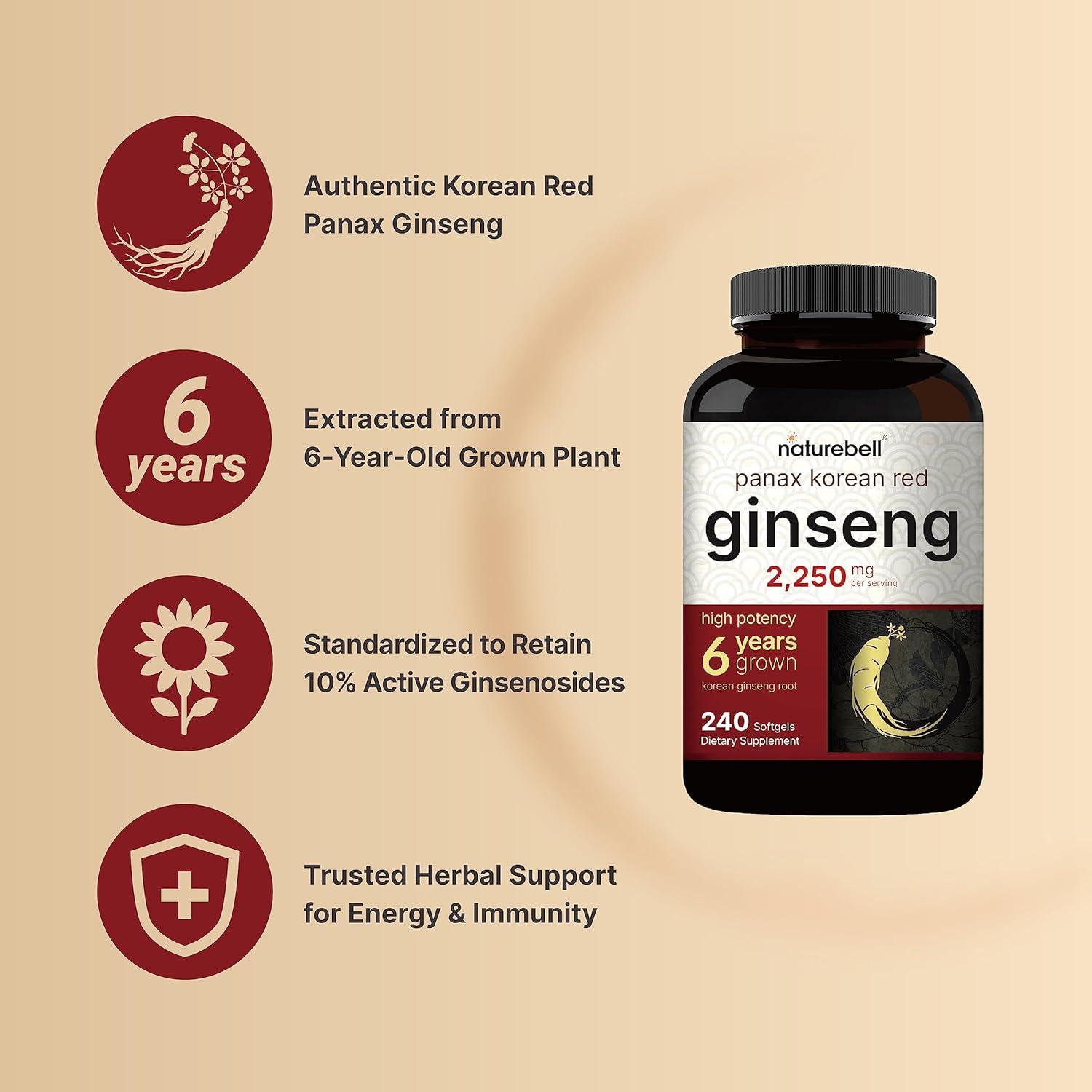 Suplemento de Ginseng Rojo Coreano NatureBell 2250mg 240 Softgels