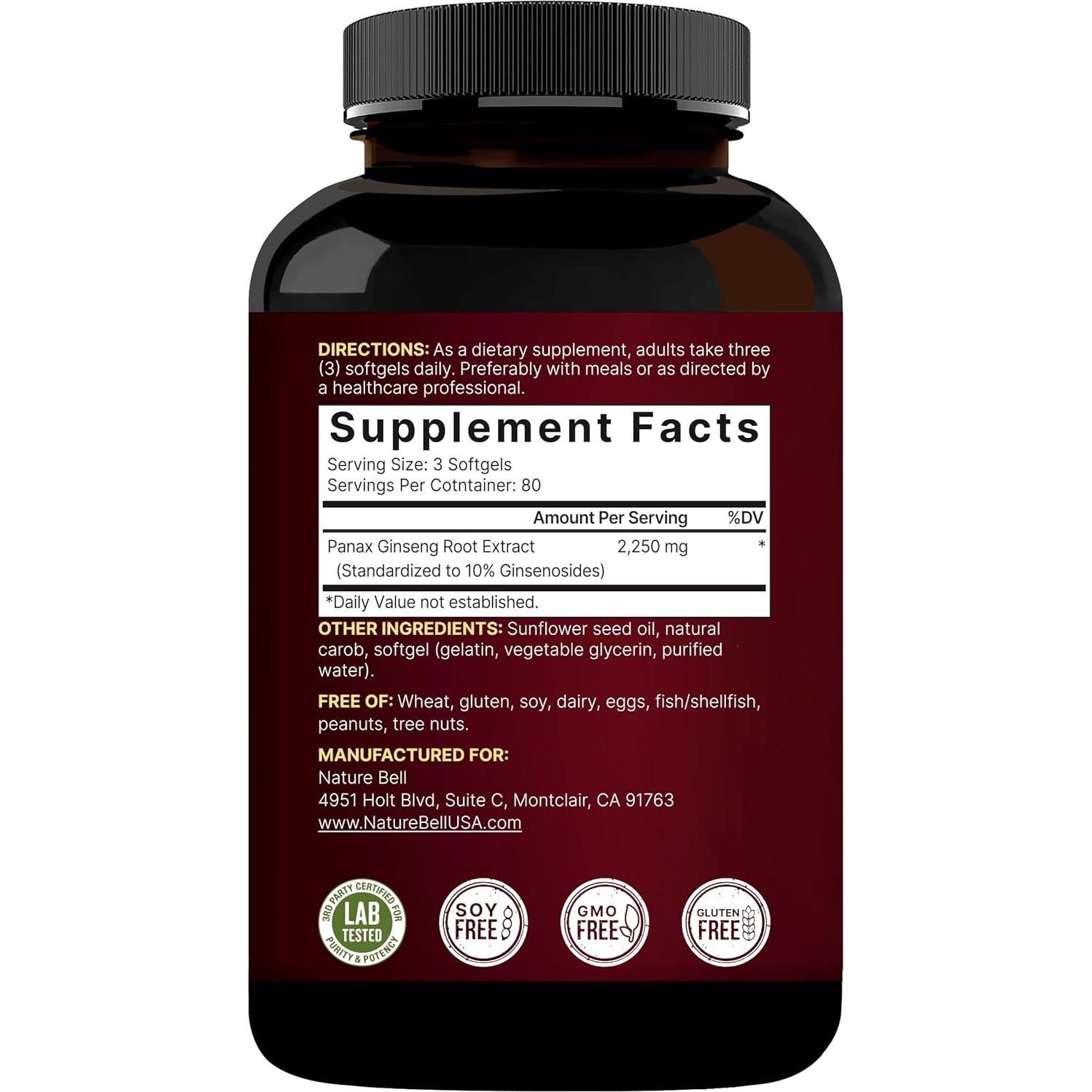 Suplemento de Ginseng Rojo Coreano NatureBell 2250mg 240 Softgels