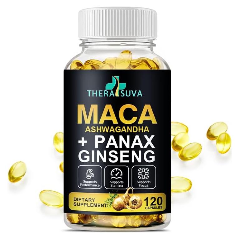 Suplemento Energético 3 en 1 TheraSuva - Ashwagandha, Maca y Ginseng, 120 Cápsulas
