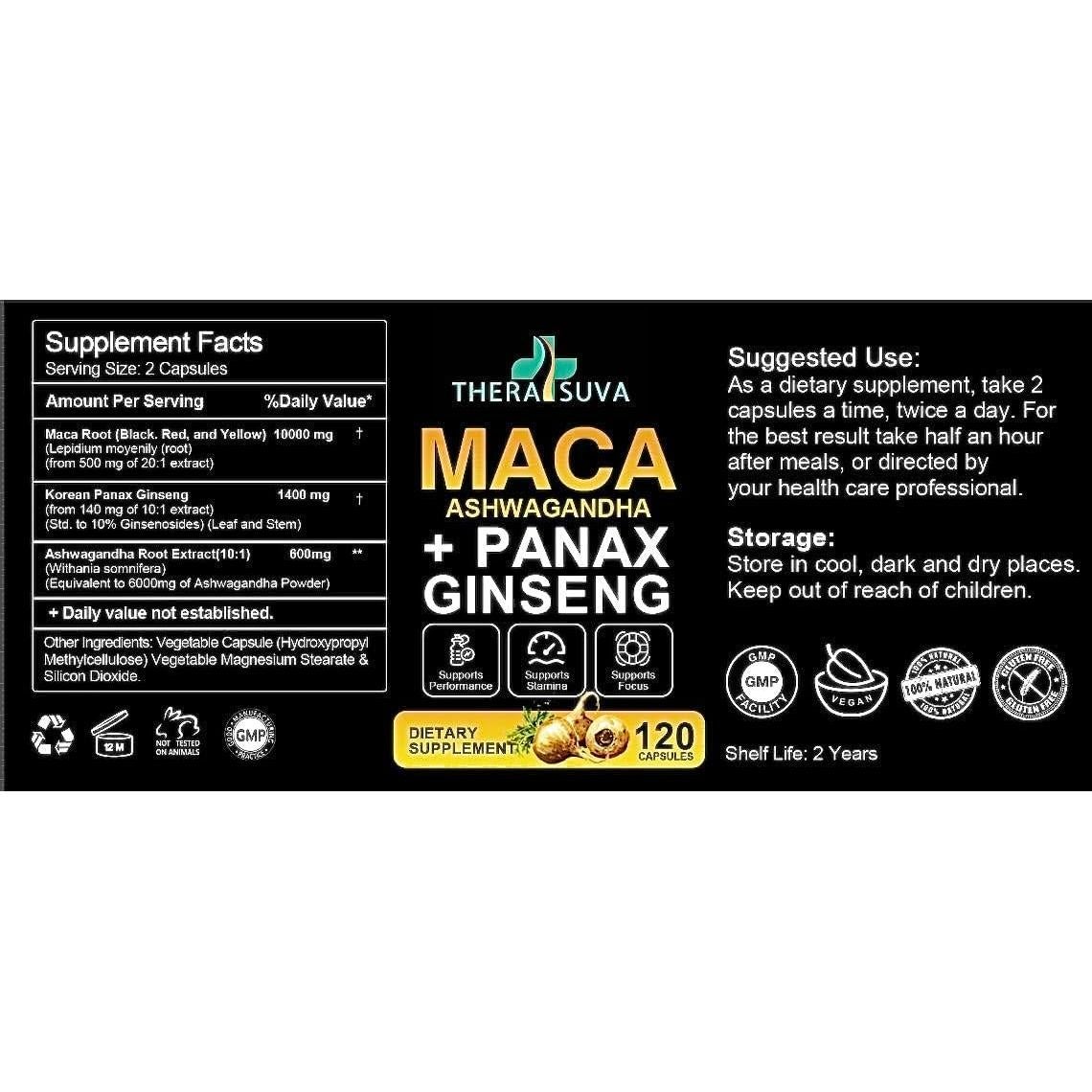 Suplemento Energético 3 en 1 TheraSuva - Ashwagandha, Maca y Ginseng, 120 Cápsulas