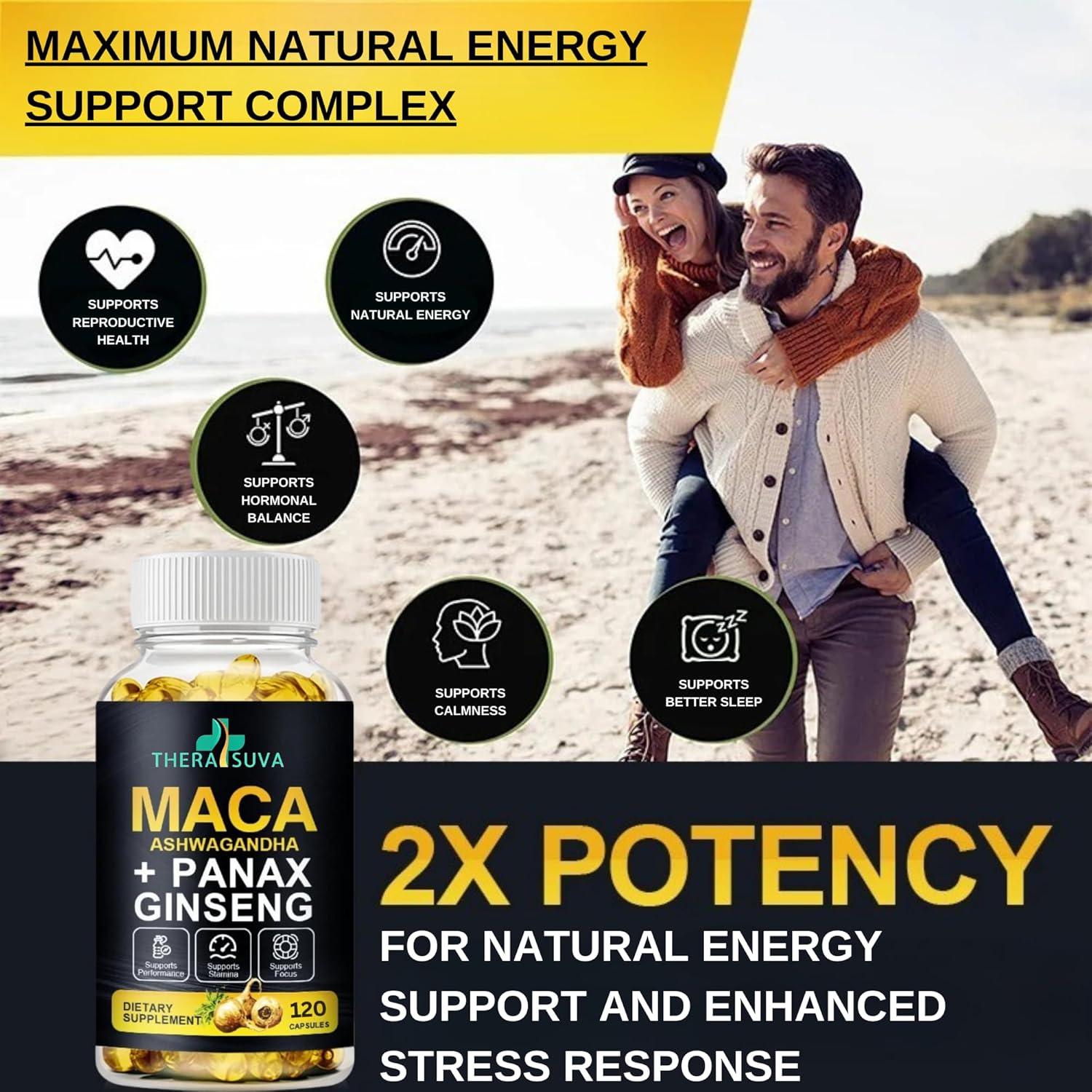 Suplemento Energético 3 en 1 TheraSuva - Ashwagandha, Maca y Ginseng, 120 Cápsulas