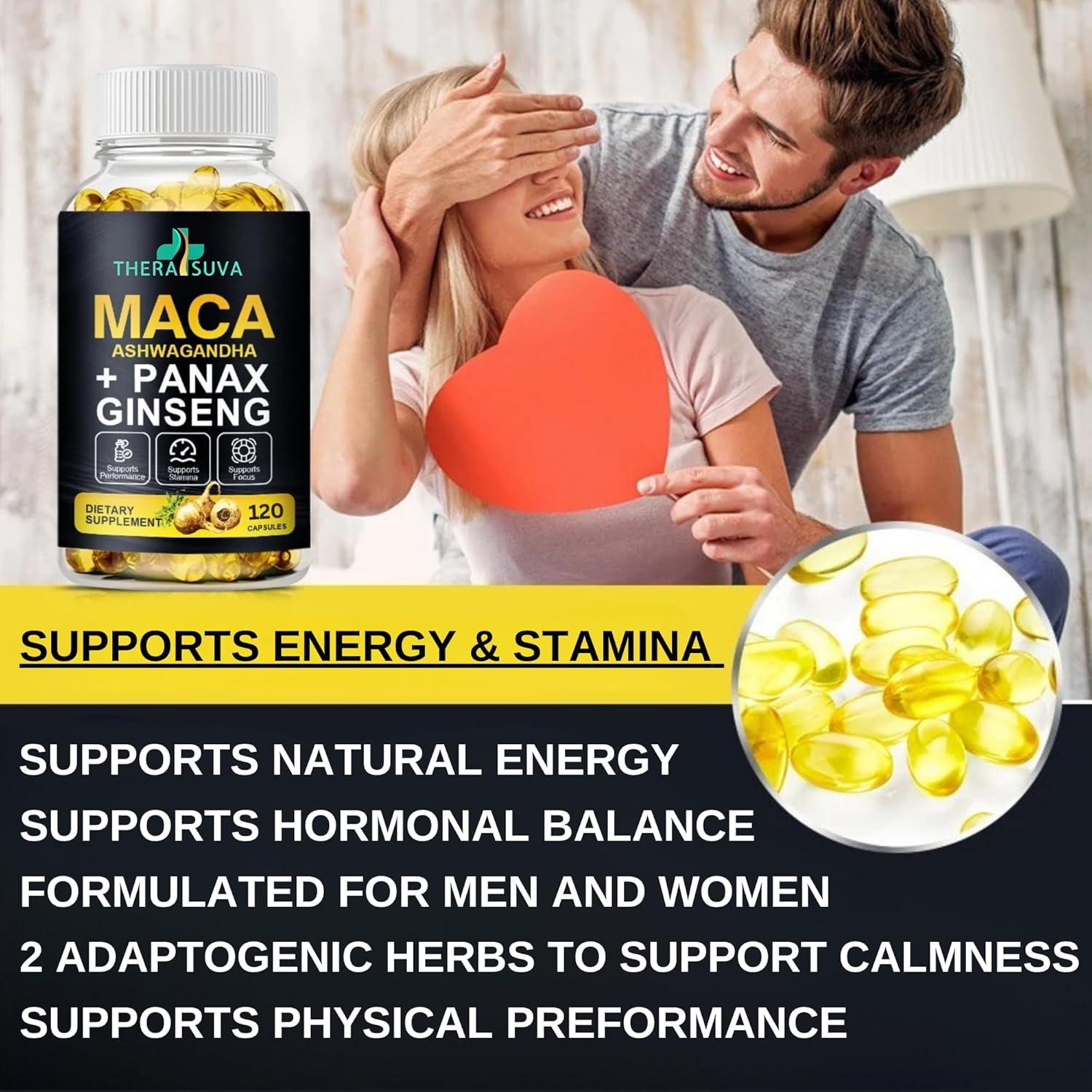 Suplemento Energético 3 en 1 TheraSuva - Ashwagandha, Maca y Ginseng, 120 Cápsulas