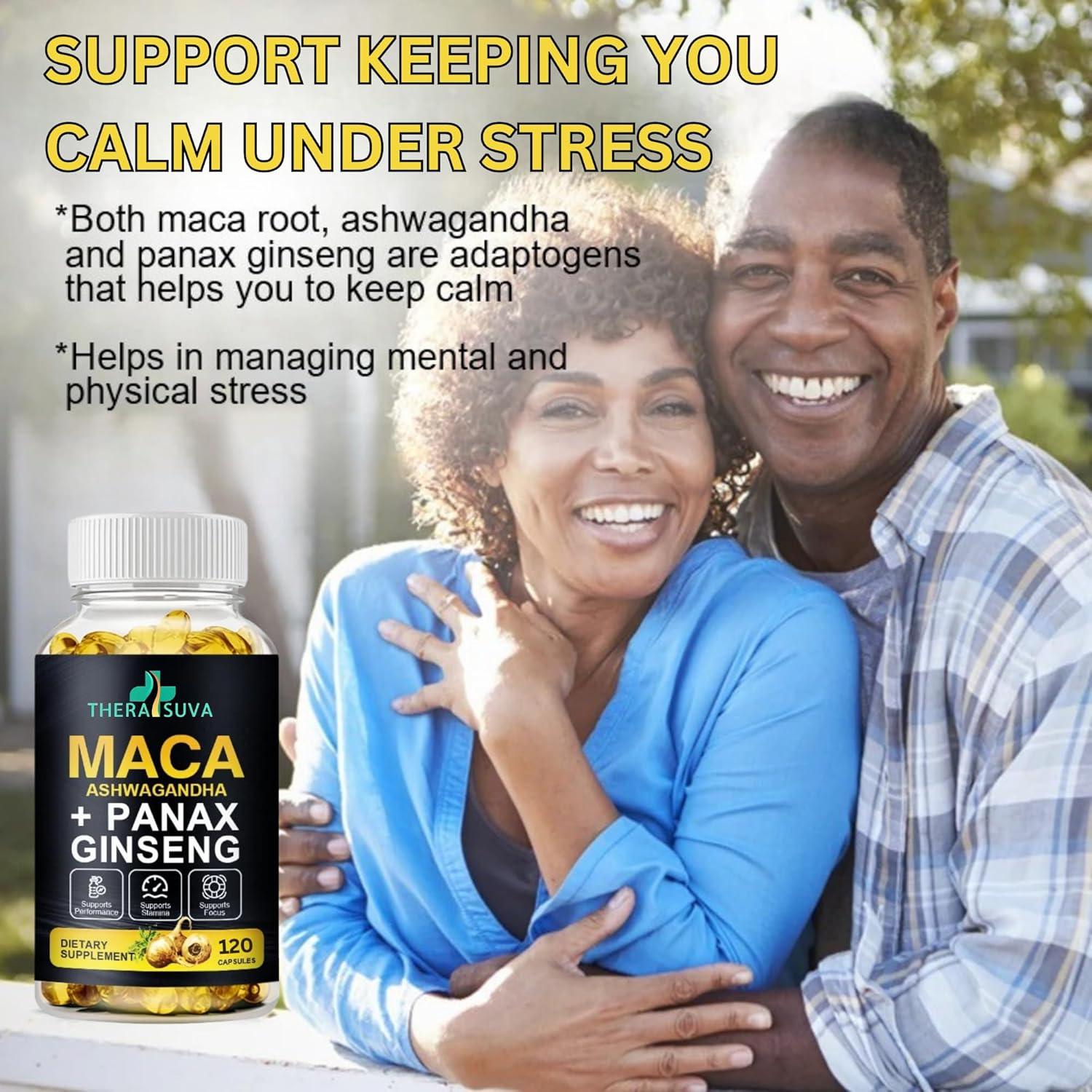 Suplemento Energético 3 en 1 TheraSuva - Ashwagandha, Maca y Ginseng, 120 Cápsulas