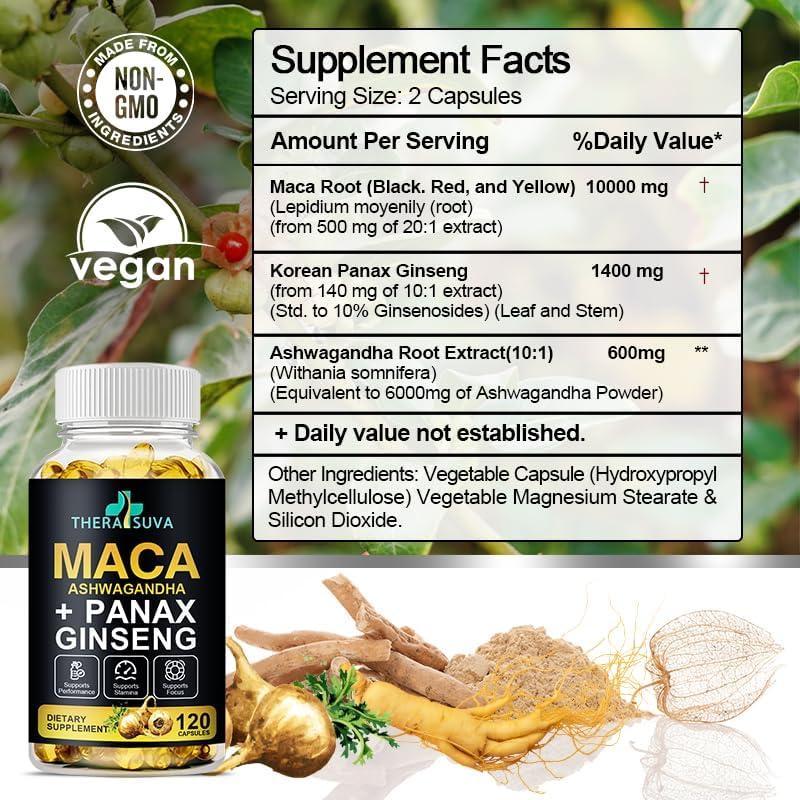 Suplemento Energético 3 en 1 TheraSuva - Ashwagandha, Maca y Ginseng, 120 Cápsulas