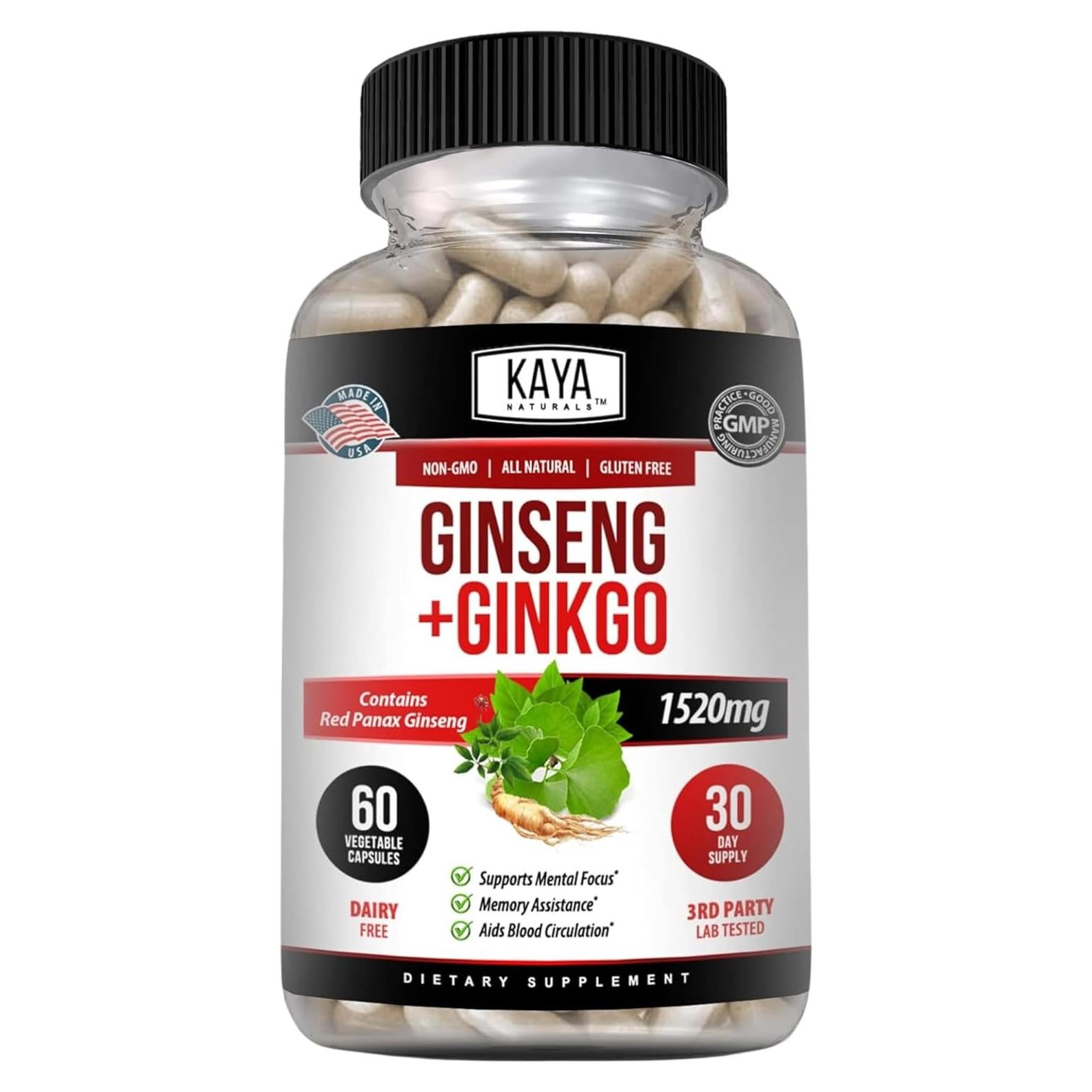 Suplemento Nootrópico Kaya Naturals Ginseng y Ginkgo 60 Cápsulas