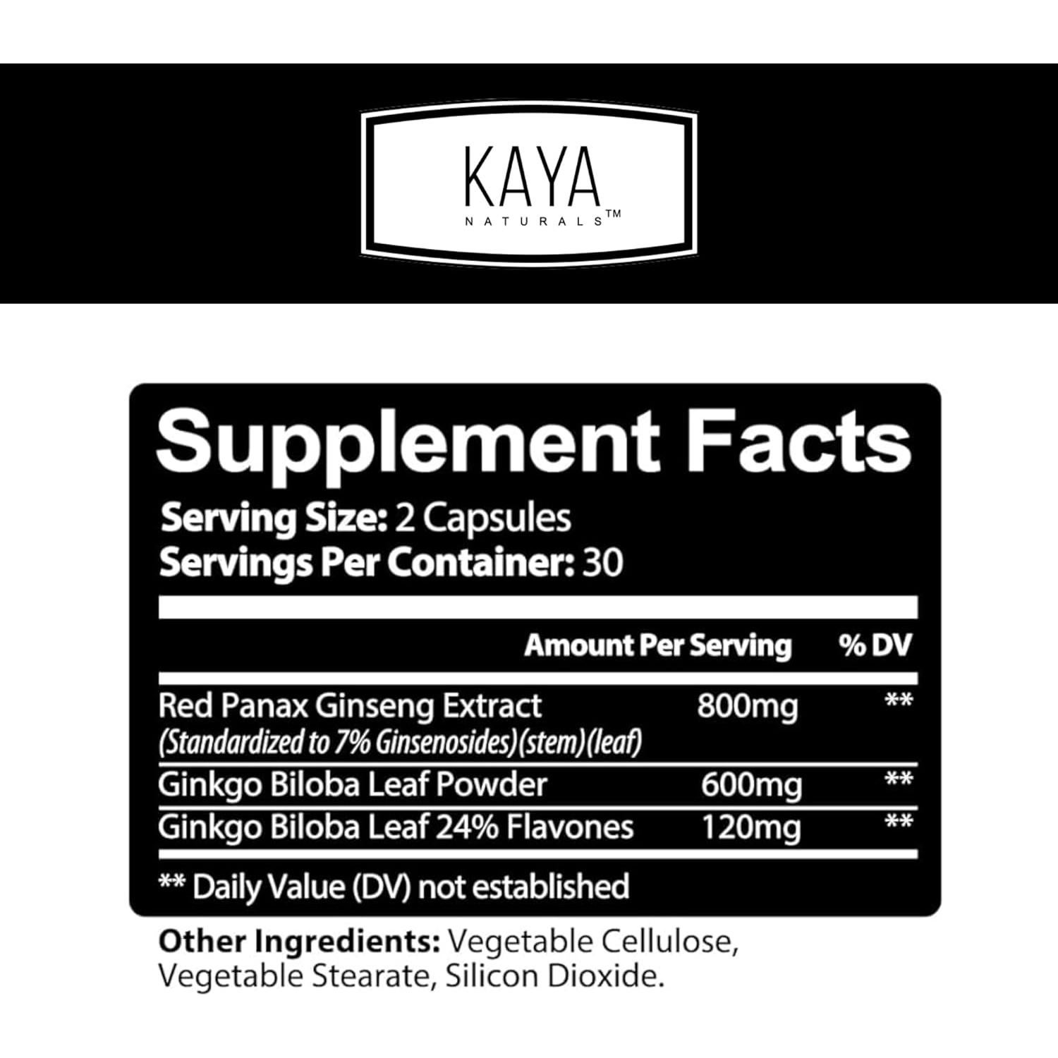 Suplemento Nootrópico Kaya Naturals Ginseng y Ginkgo 60 Cápsulas