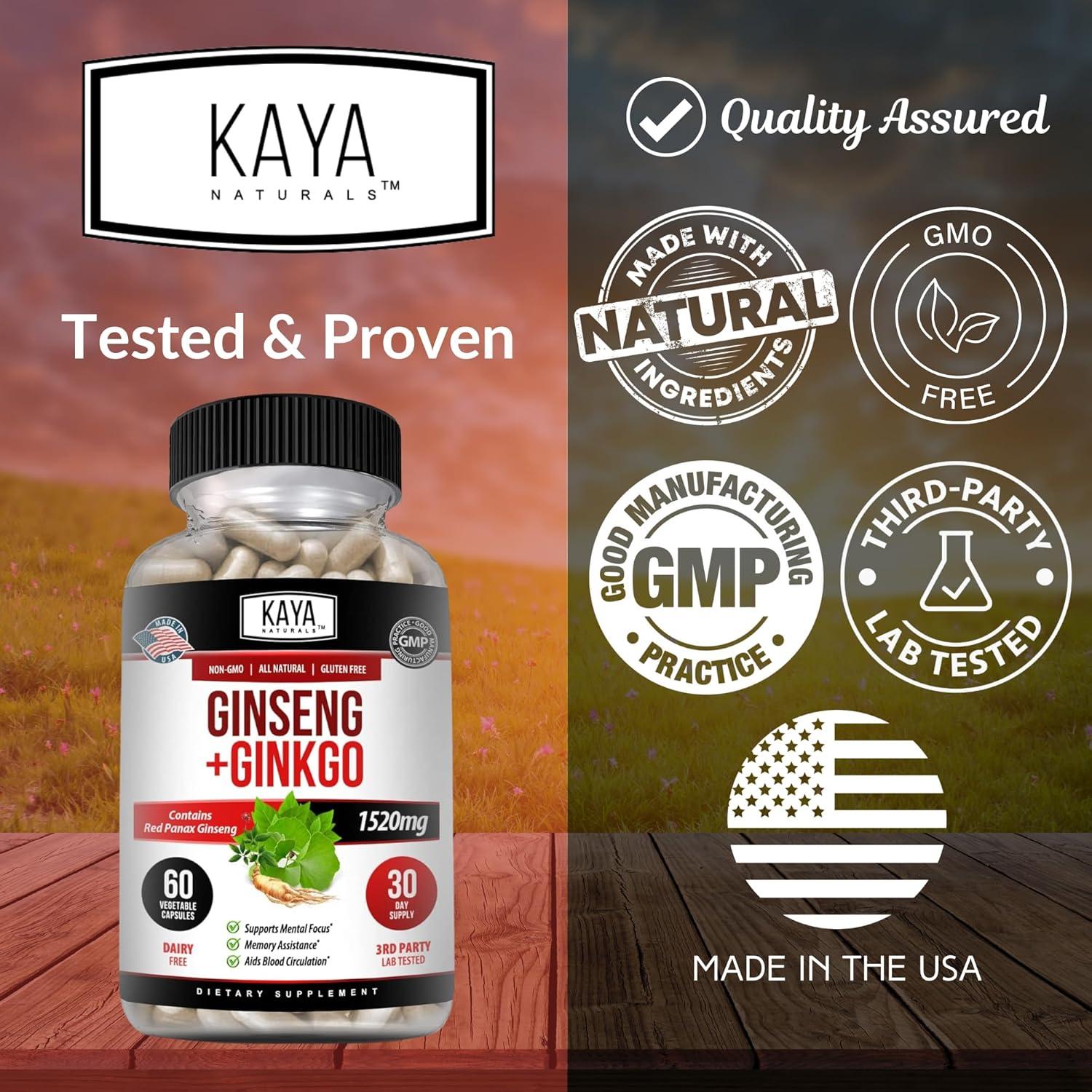 Suplemento Nootrópico Kaya Naturals Ginseng y Ginkgo 60 Cápsulas