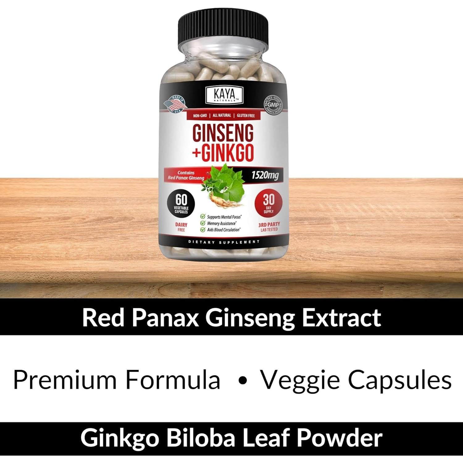 Suplemento Nootrópico Kaya Naturals Ginseng y Ginkgo 60 Cápsulas