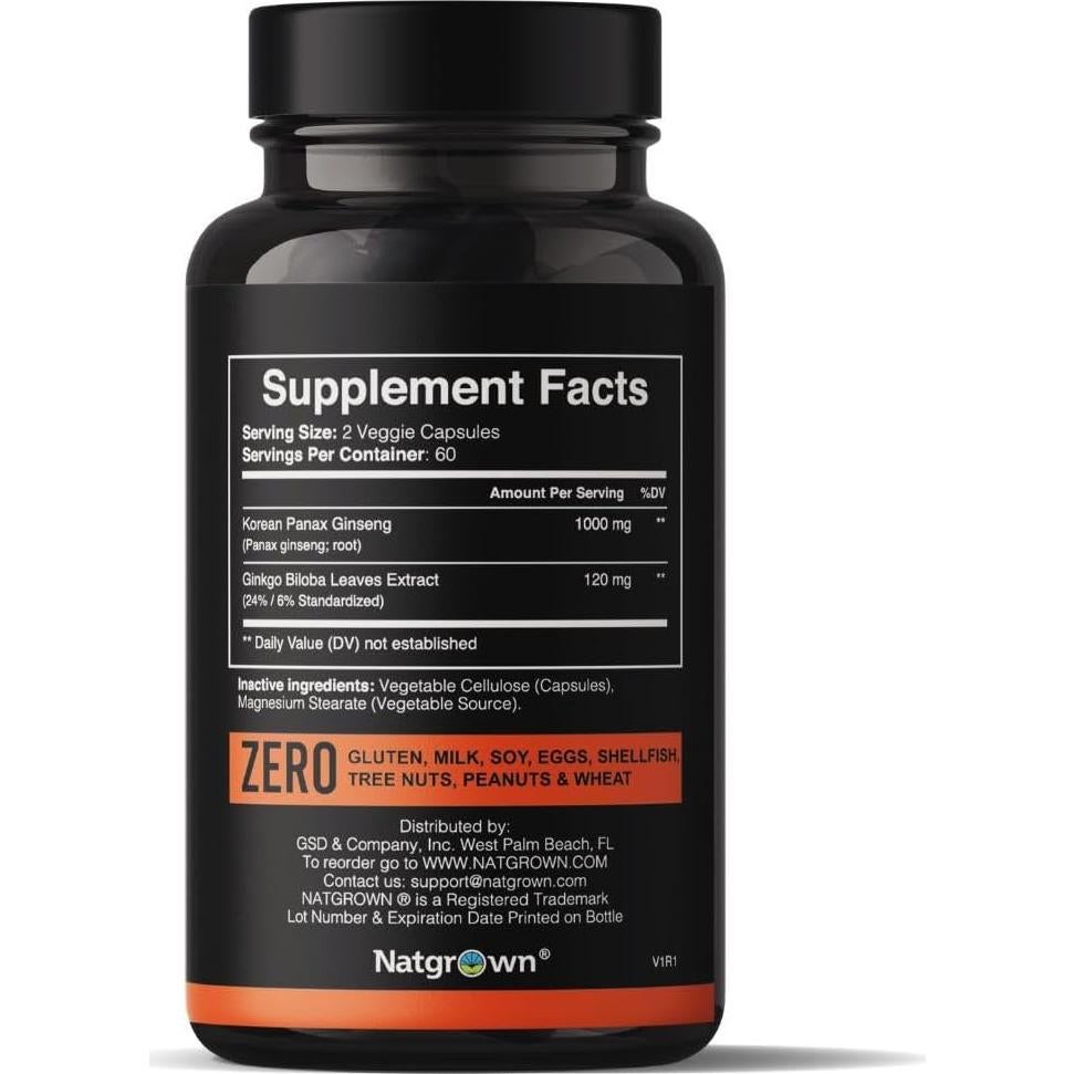 Suplemento de Ginseng Panax y Ginkgo Biloba Natgrown 120 Cápsulas