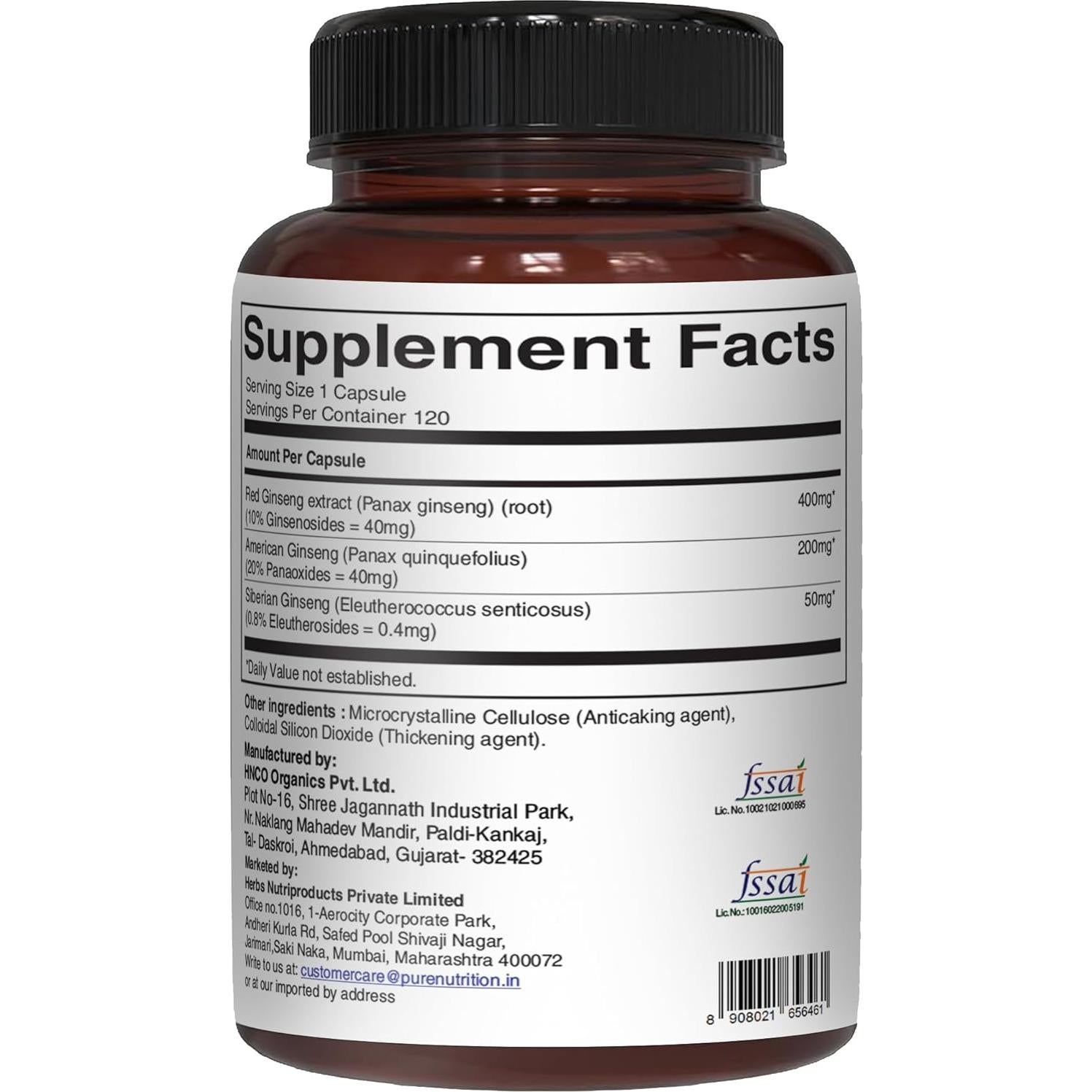 Suplemento Ginseng Triple Nutrición Pura 650mg 120 Caps