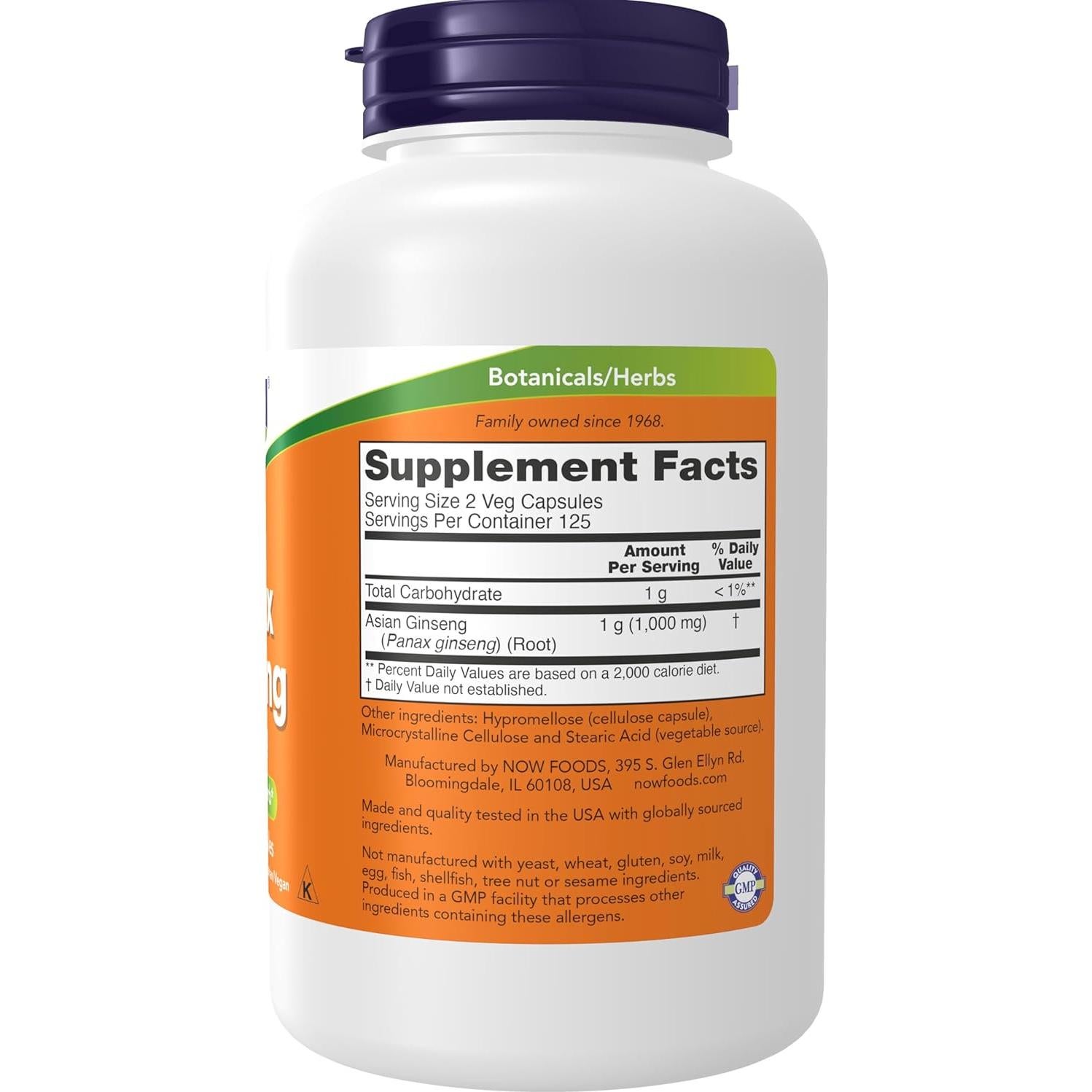 Suplemento de Ginseng Panax NOW Foods 500 mg 250 Cápsulas Veganas