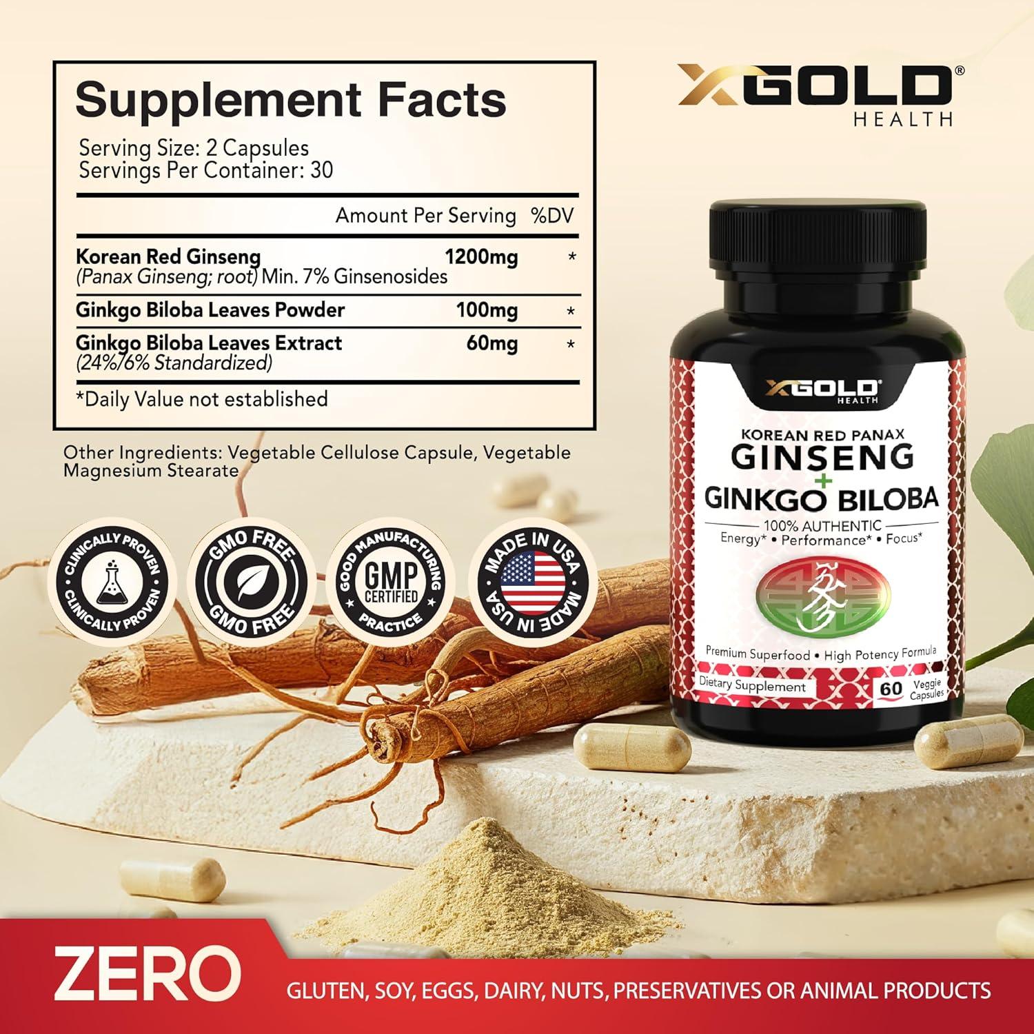 Ginseng Rojo Coreano 1200mg + Ginkgo Biloba 60mg - Suplemento Vegano