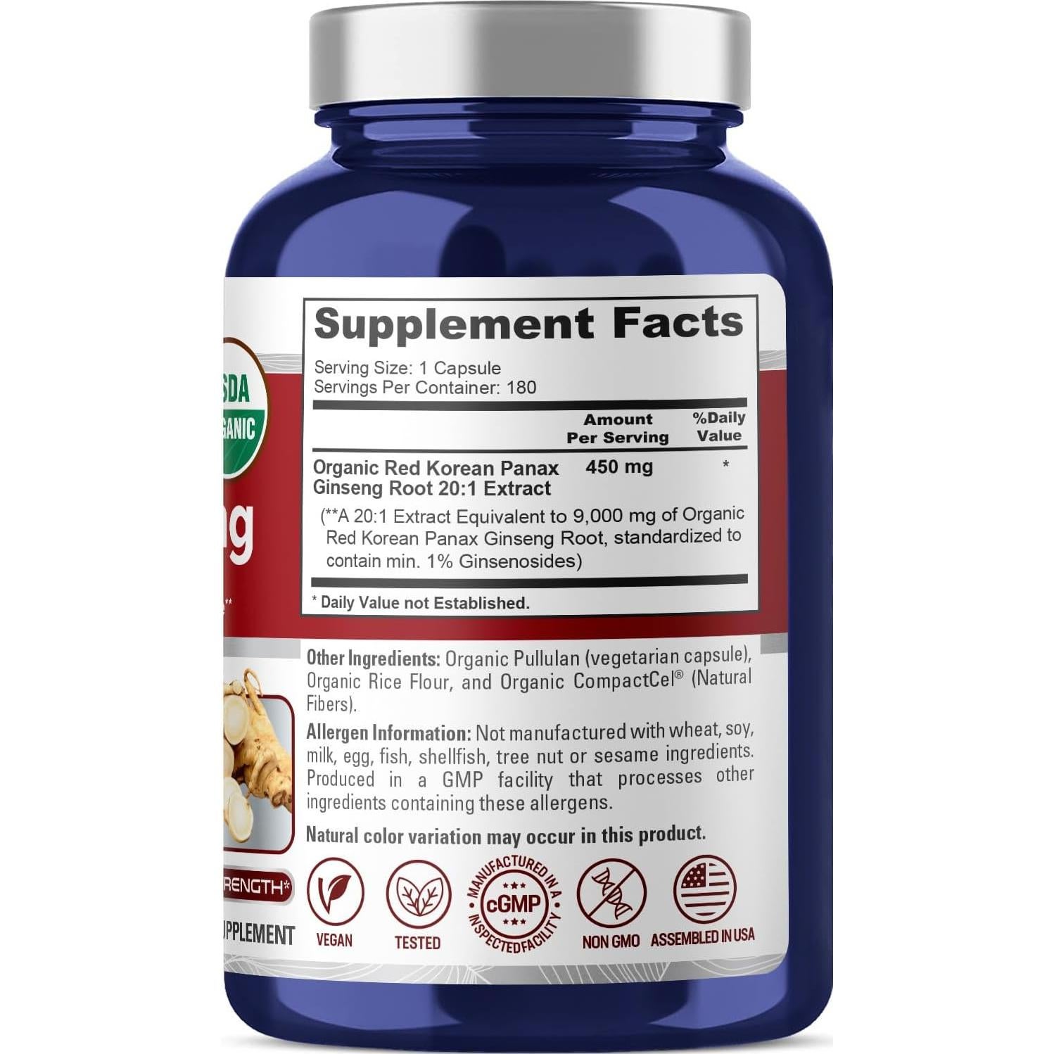 NusaPure Ginseng Panax Rojo Coreano 9000mg 180 Cápsulas Veganas