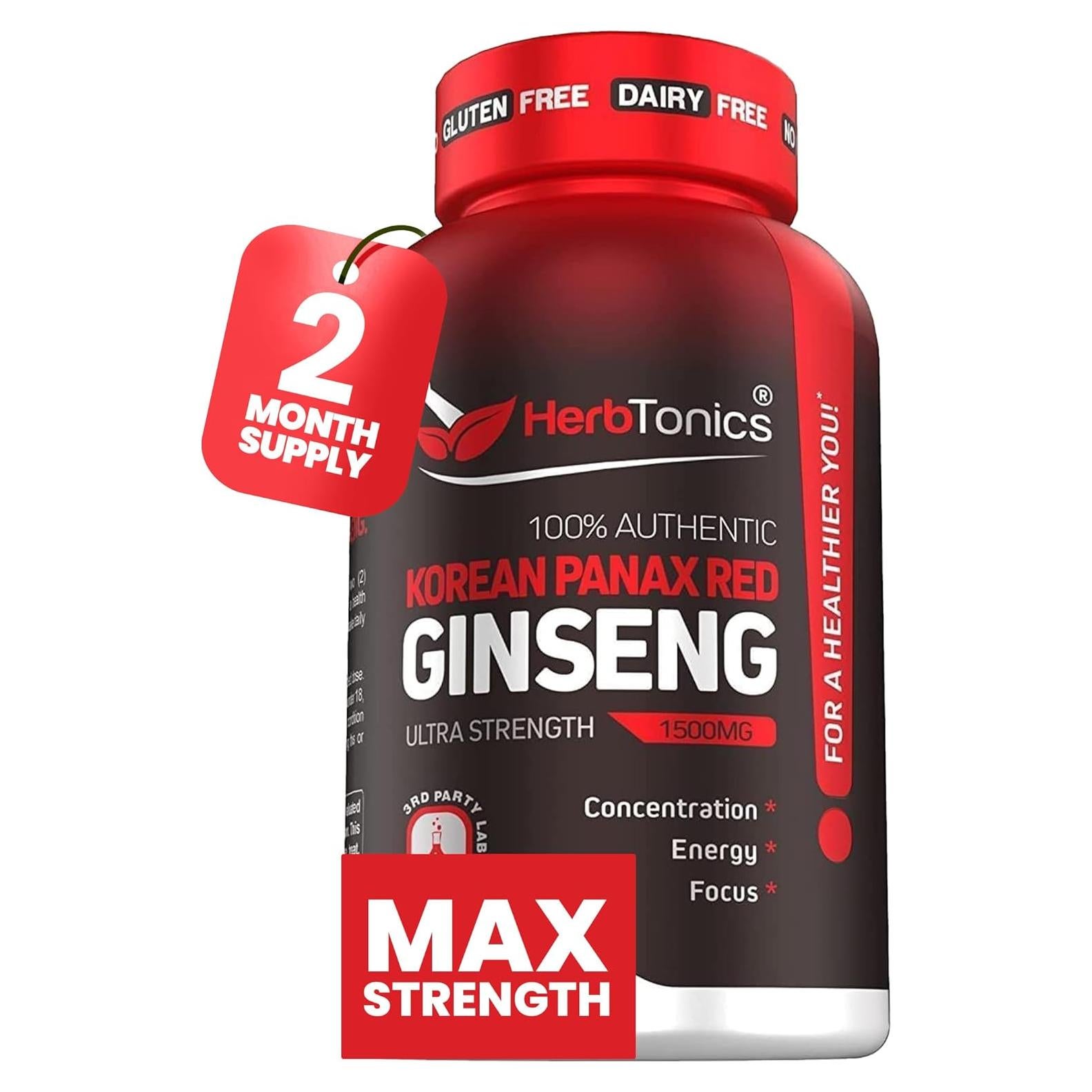 Suplemento Energético Ginseng Rojo Panax Herbtonics 1500mg 120 Cápsulas Veganas