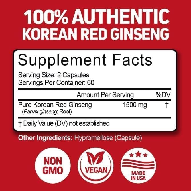 Suplemento Energético Ginseng Rojo Panax Herbtonics 1500mg 120 Cápsulas Veganas