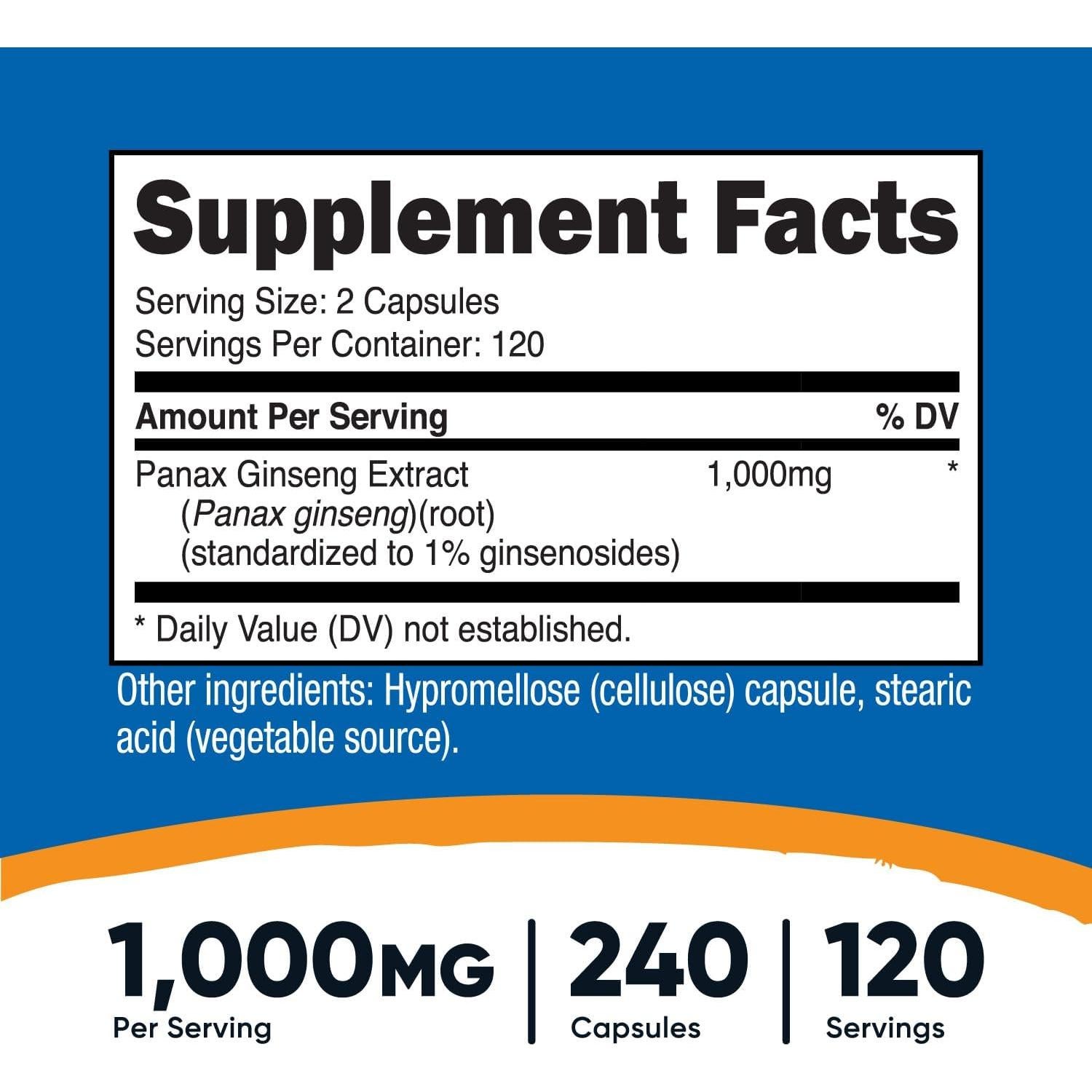 Nutricost Ginseng Panax 1000mg 240 Cápsulas Sin OGM Gluten