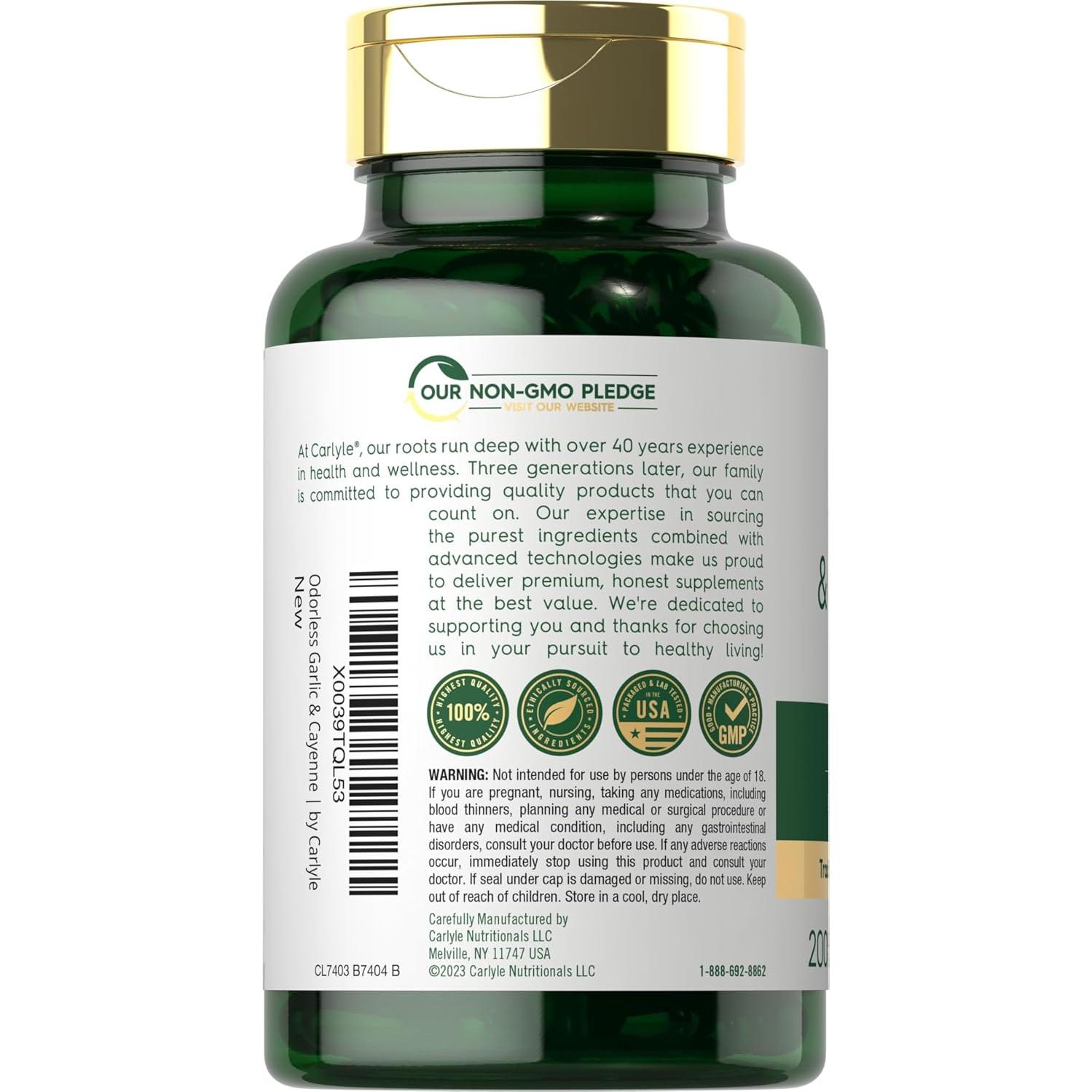 Ajo Sin Olor y Cayena Carlyle 1150mg 200 Gelatinas Blandas