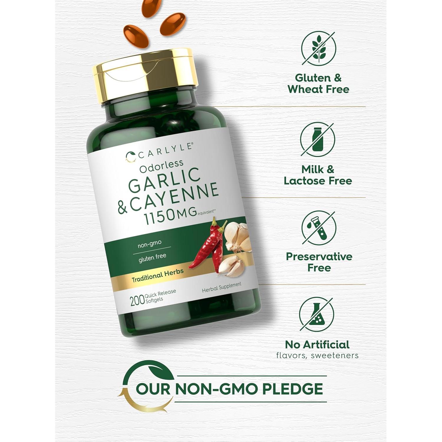 Ajo Sin Olor y Cayena Carlyle 1150mg 200 Gelatinas Blandas