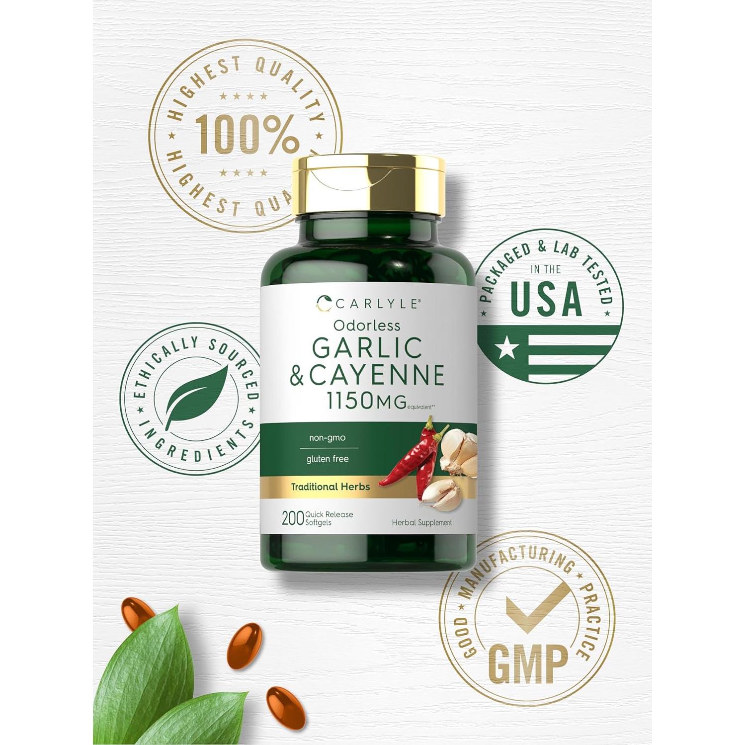 Ajo Sin Olor y Cayena Carlyle 1150mg 200 Gelatinas Blandas