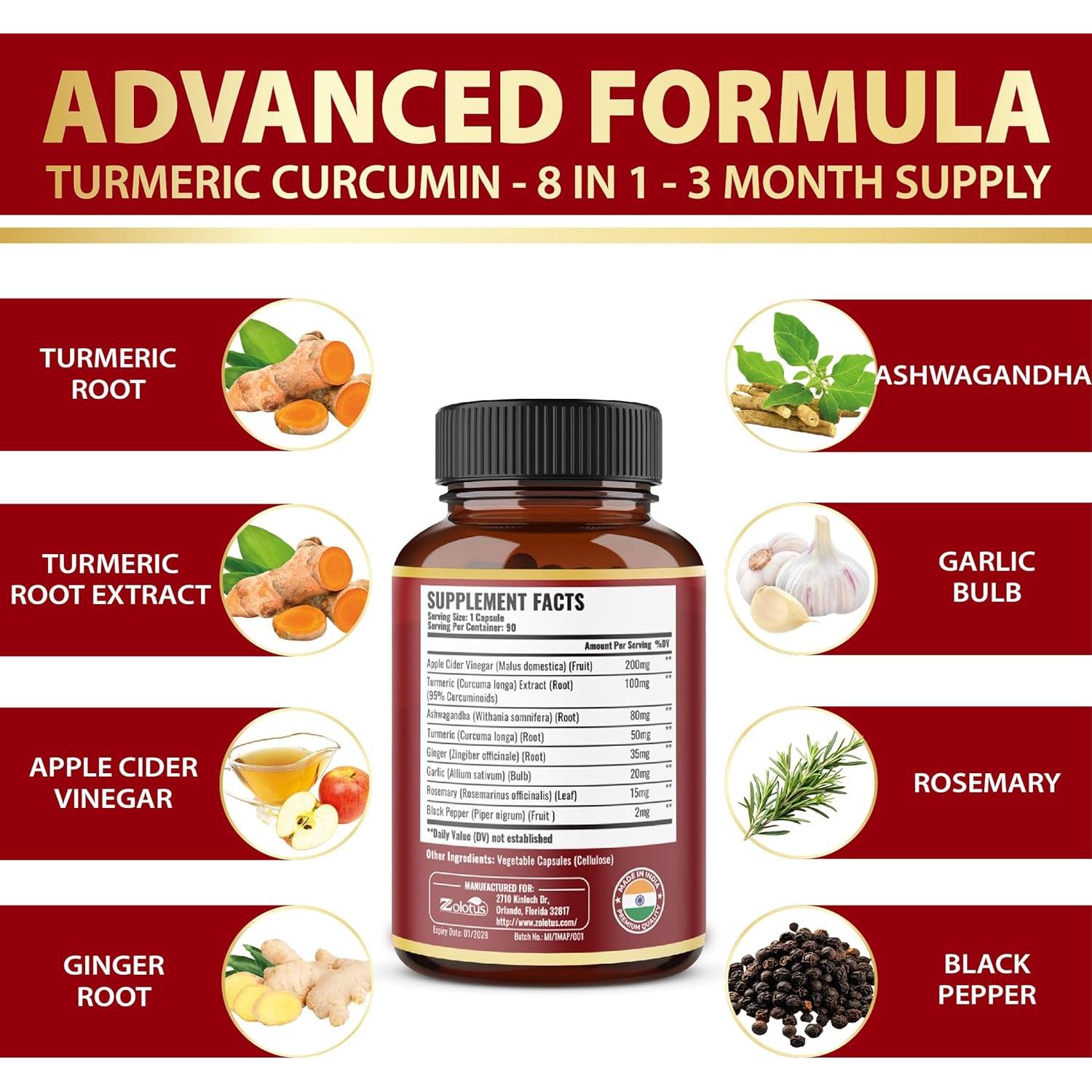 Suplemento 7 en 1 Cápsulas de Cúrcuma Zolotus 90 Unidades