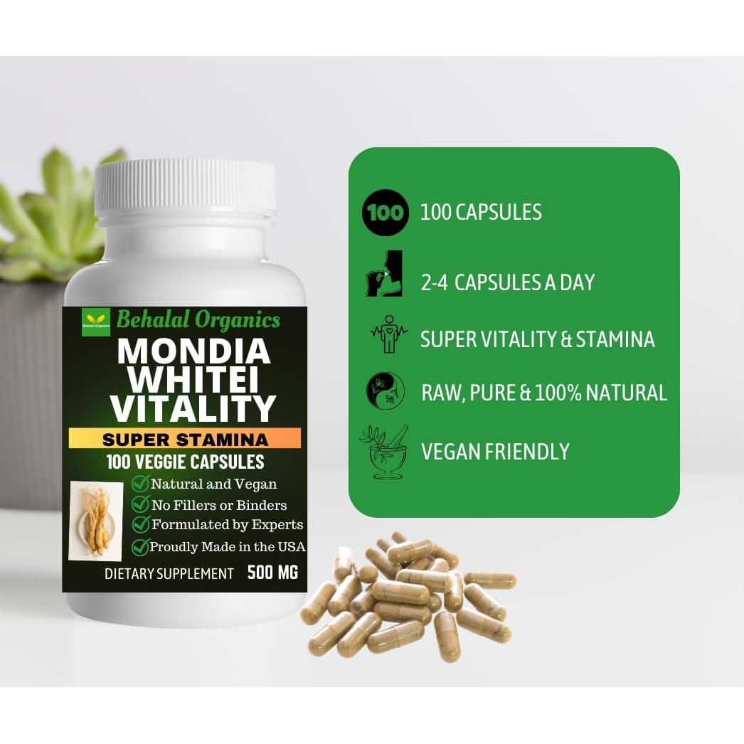 Suplemento Natural Mondia Whitei Behalal 100 Cápsulas Veganas