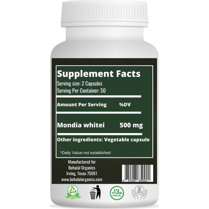 Suplemento Natural Mondia Whitei Behalal 100 Cápsulas Veganas