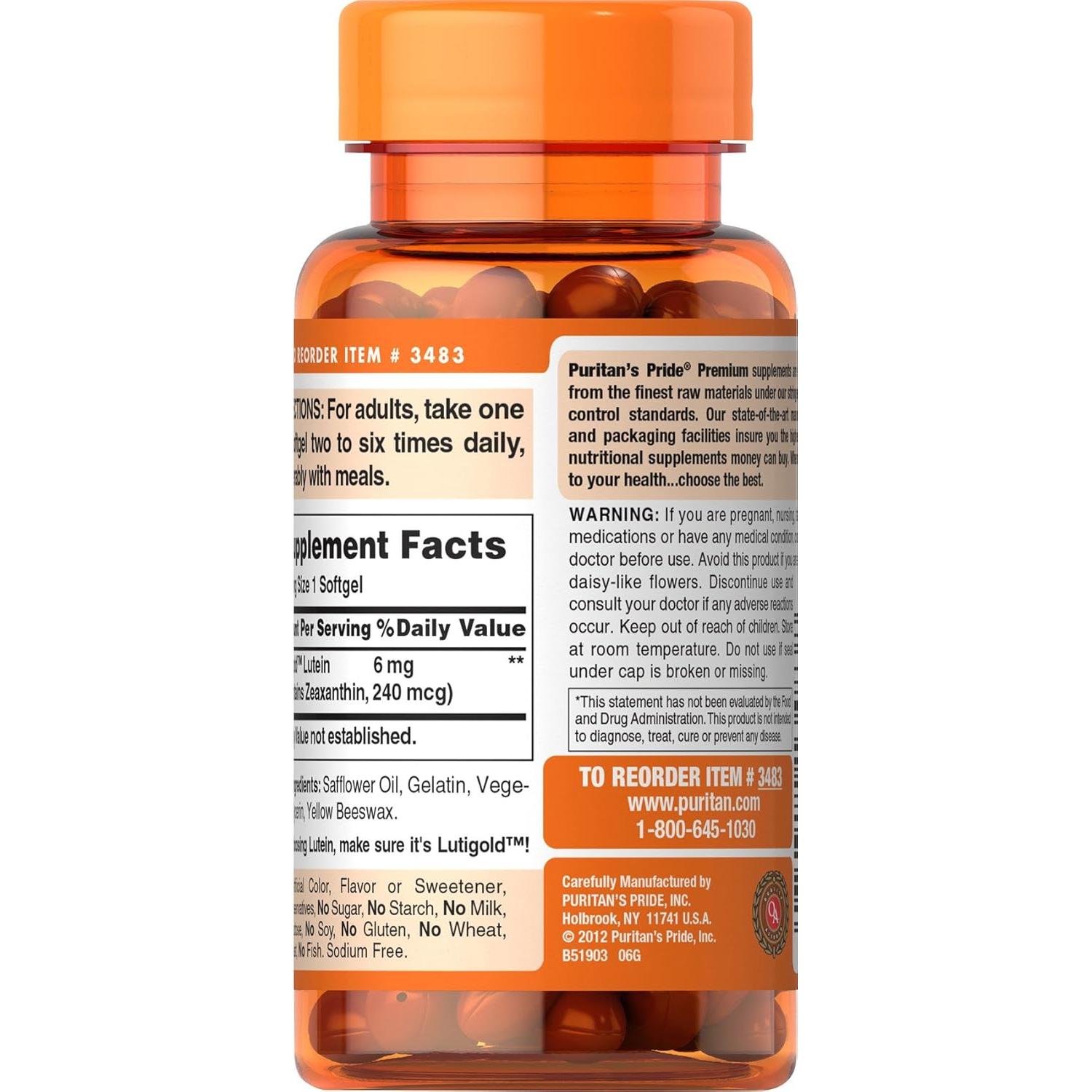 Suplemento Lutigold Luteína Puritan's Pride 6mg 200 Cápsulas