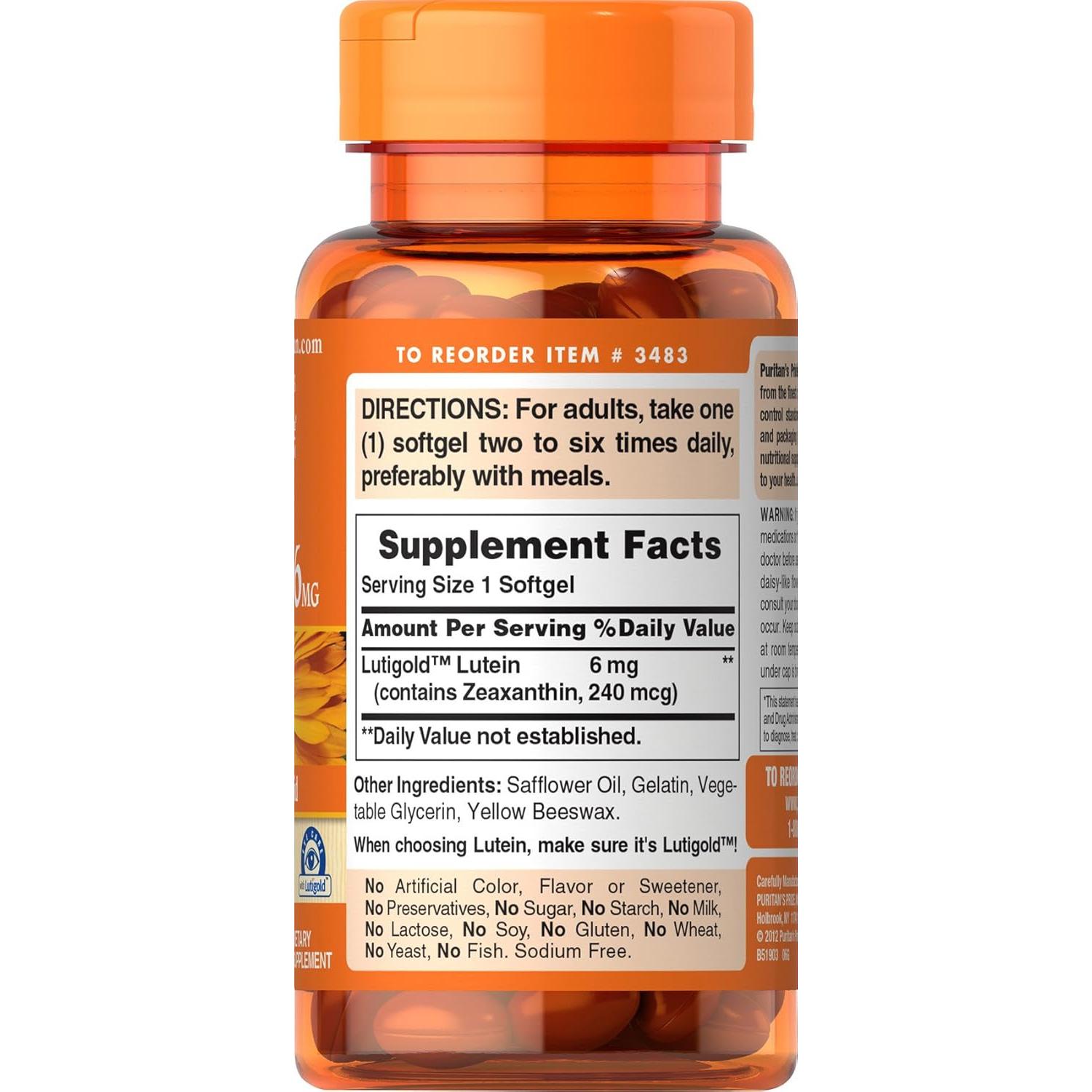 Suplemento Lutigold Luteína Puritan's Pride 6mg 200 Cápsulas