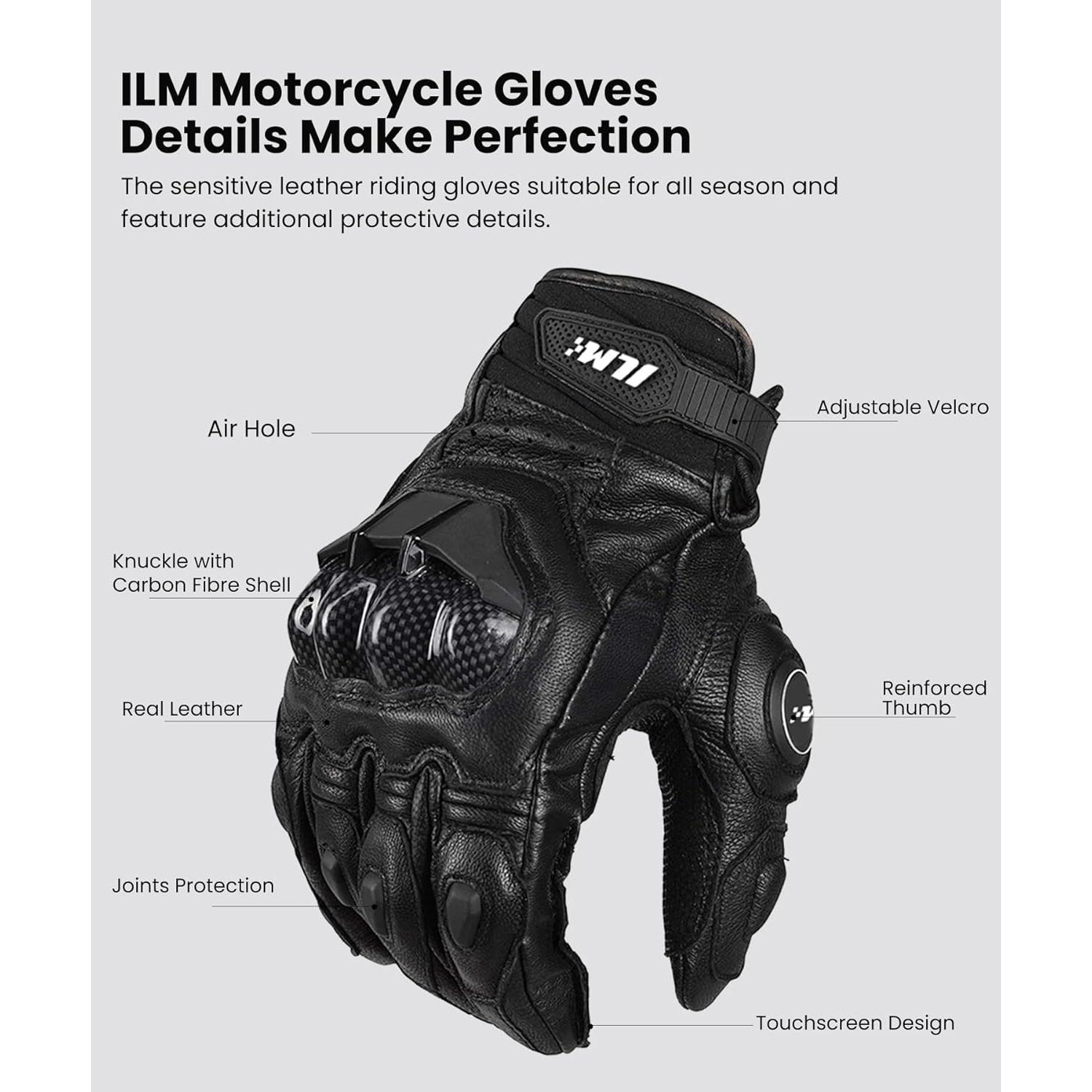 Guantes de motocicleta ILM GRC01 de cuero, talla M, Negro