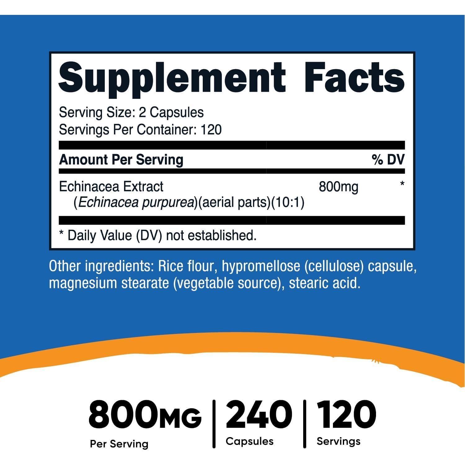 Cápsulas de Equinácea Nutricost 800mg - 240 Cápsulas Vegetarianas