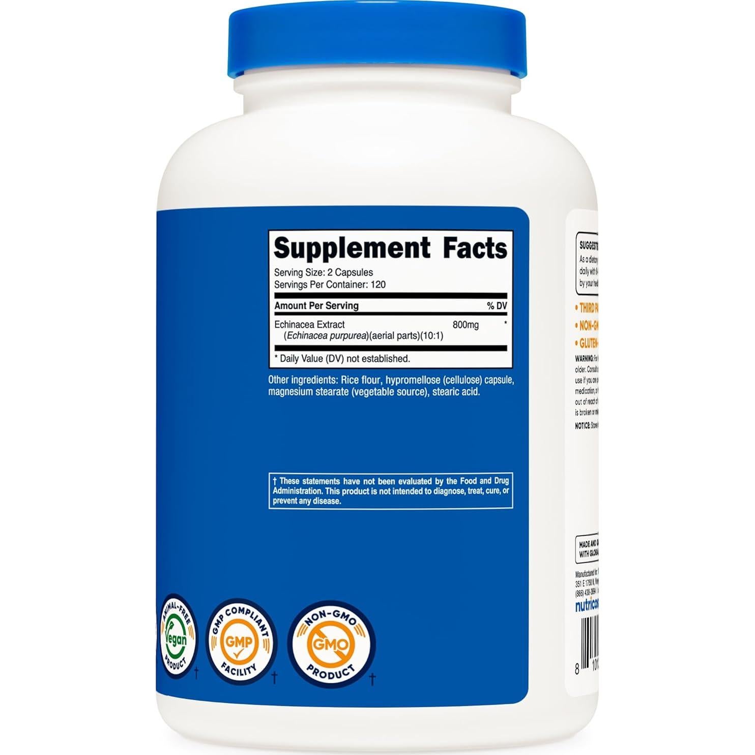 Cápsulas de Equinácea Nutricost 800mg - 240 Cápsulas Vegetarianas