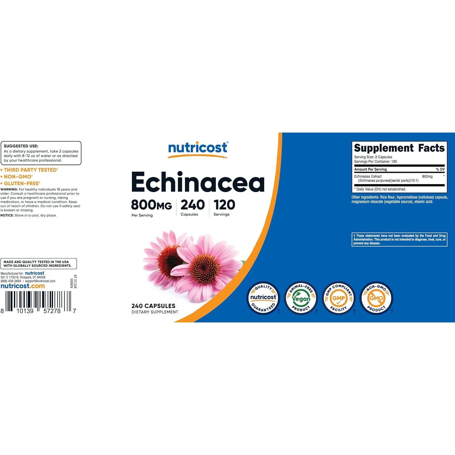 Cápsulas de Equinácea Nutricost 800mg - 240 Cápsulas Vegetarianas