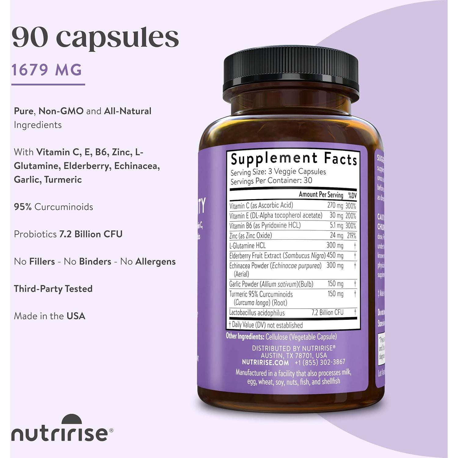 Suplemento Inmunológico NutriRise 90 Cápsulas - Vitamina C, Zinc, Probioticos