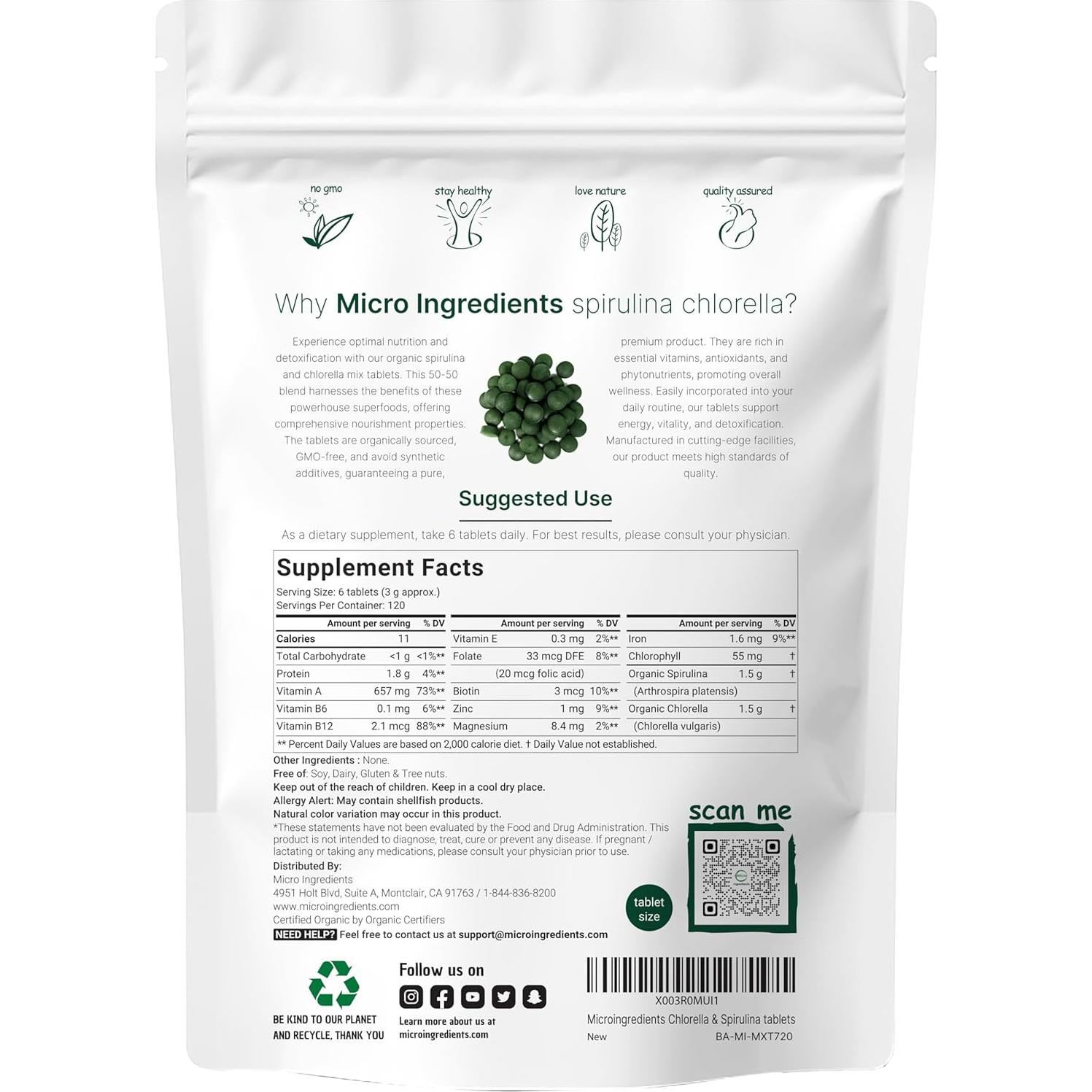 Tabletas de Chlorella y Spirulina Orgánica 3000mg 720 Unidades