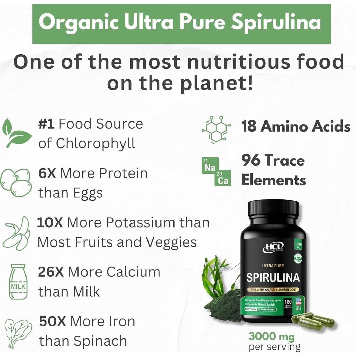 Cápsulas de Espirulina Orgánica 3000 mg HCL Herbal Code Labs - 180 Unidades