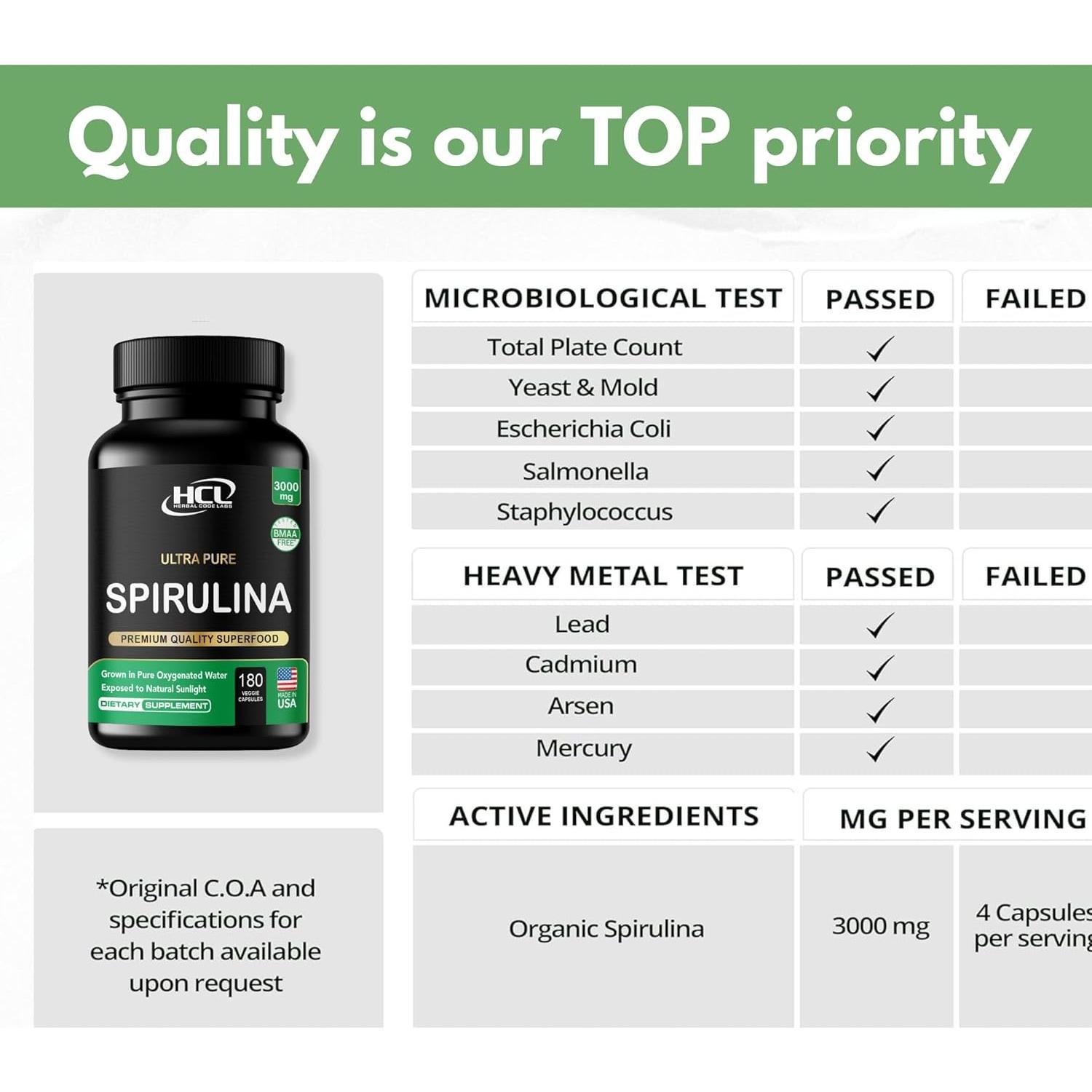 Cápsulas de Espirulina Orgánica 3000 mg HCL Herbal Code Labs - 180 Unidades