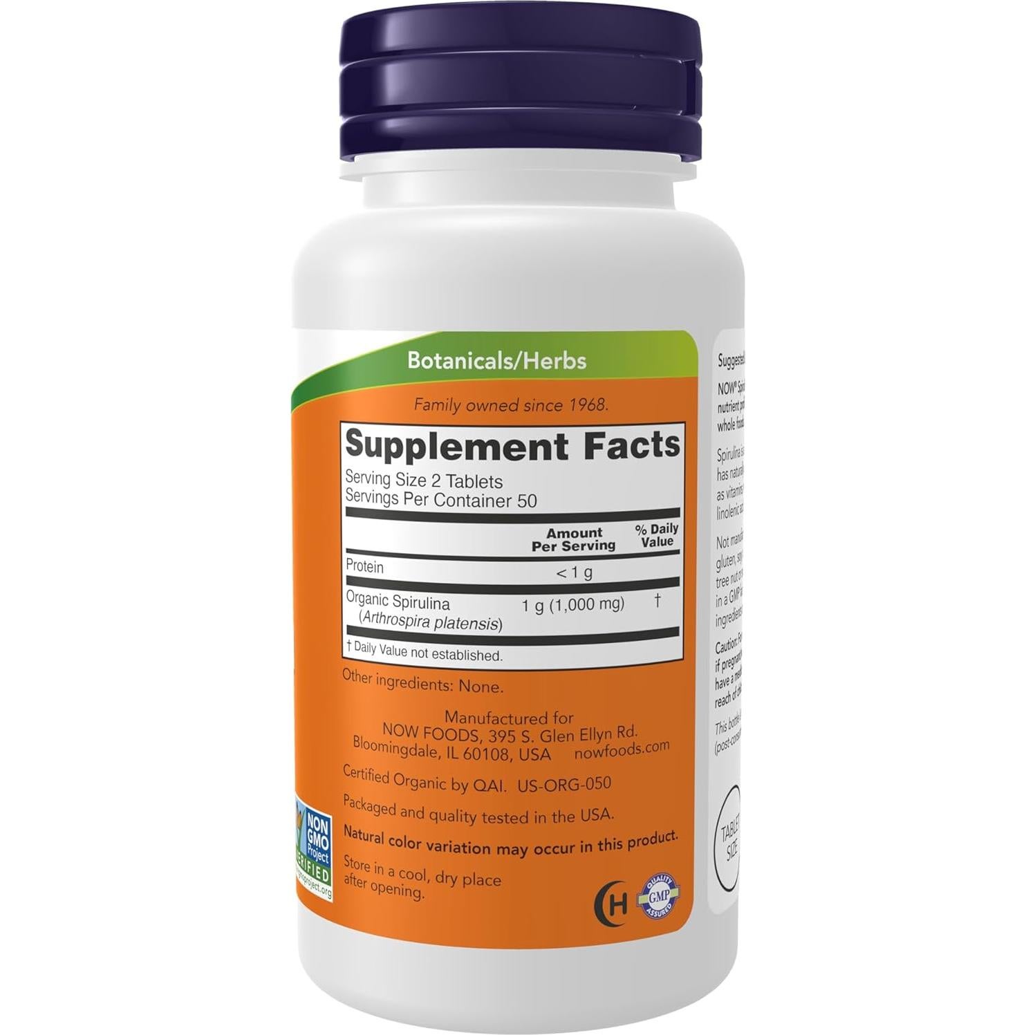 NOW Espirulina Orgánica 500 mg - 100 Tabletas Nutritivas