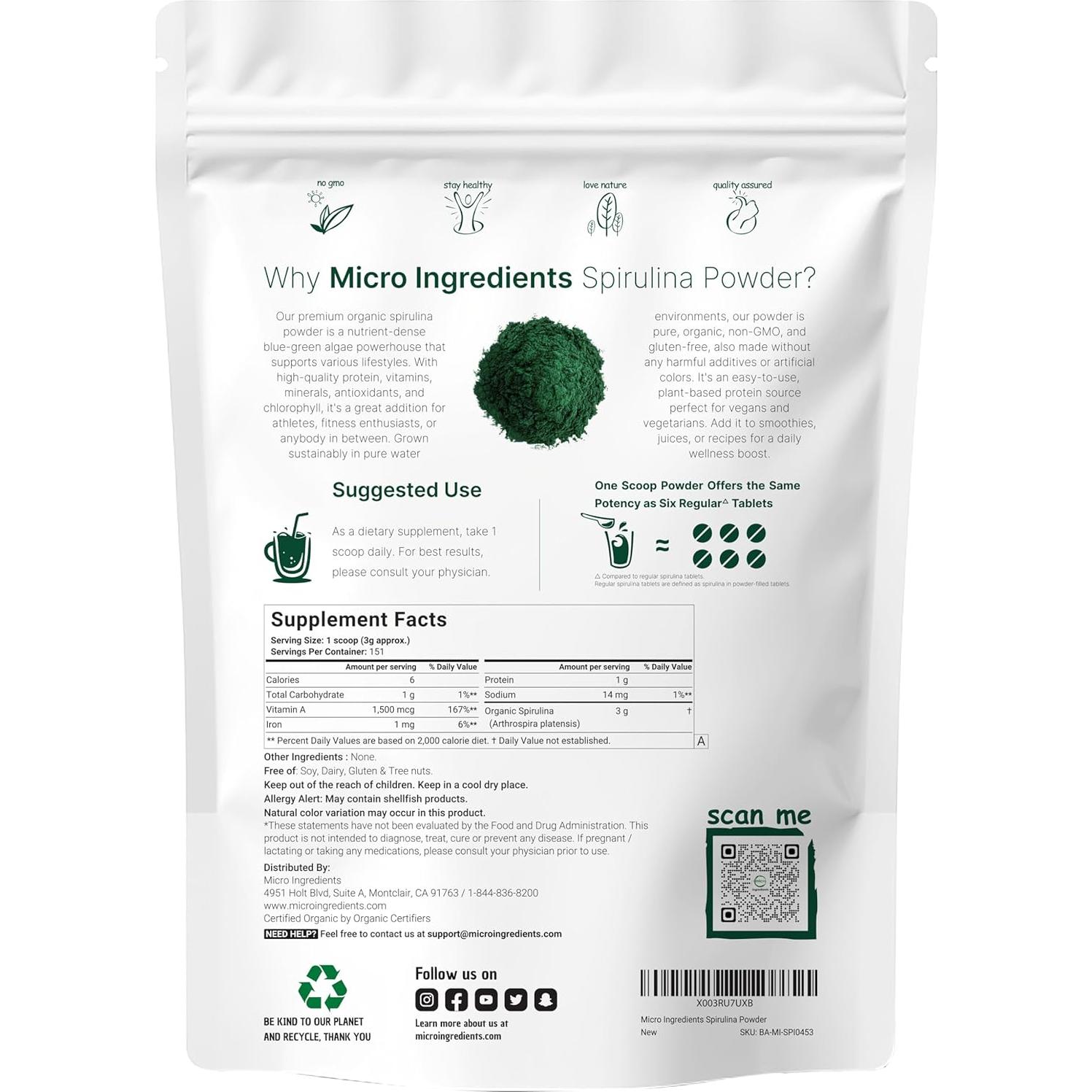 Polvo de Espirulina Orgánica Micro Ingredients 454g Sin OGM