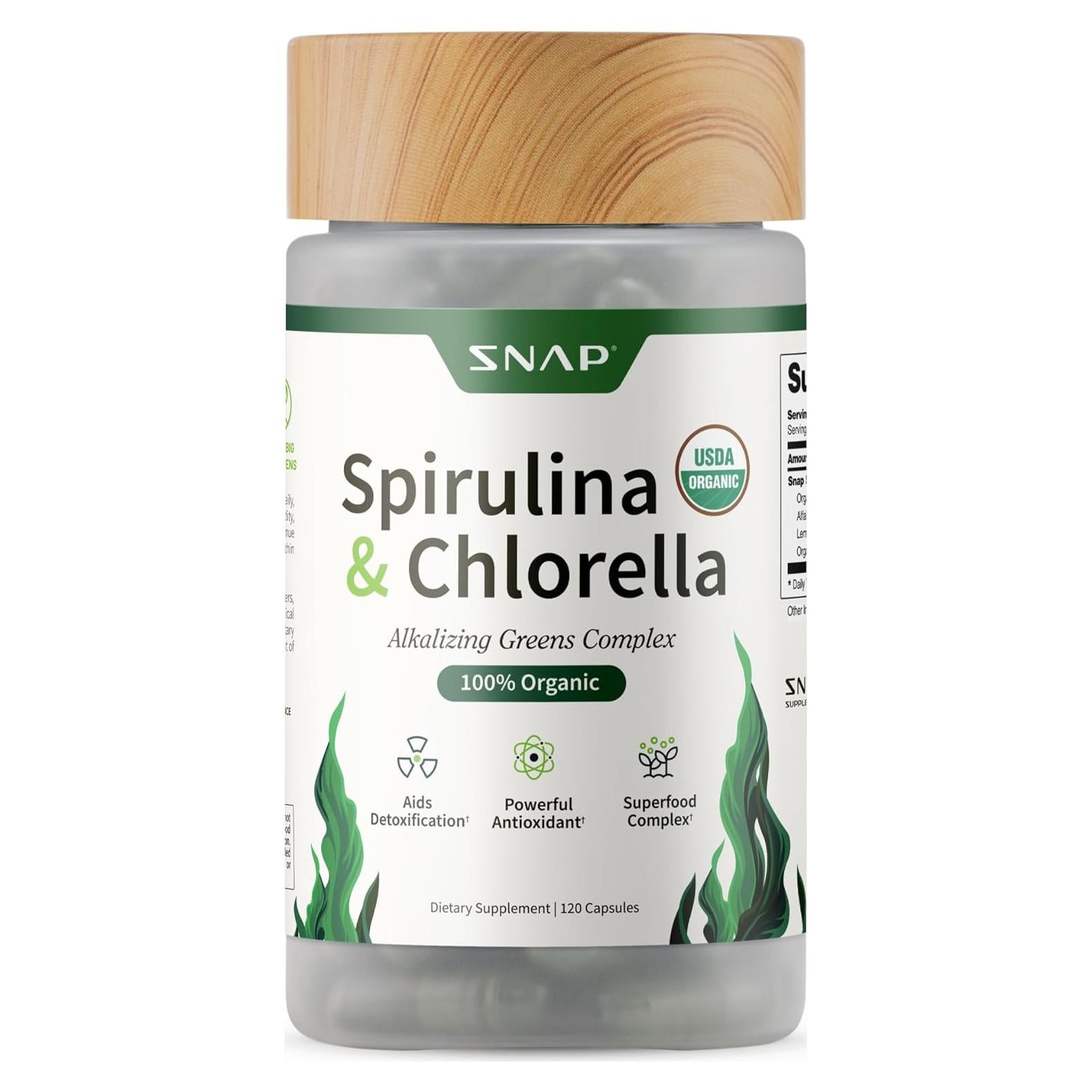 Cápsulas Orgánicas de Espirulina y Clorella Snap Supplements 120 Unidades