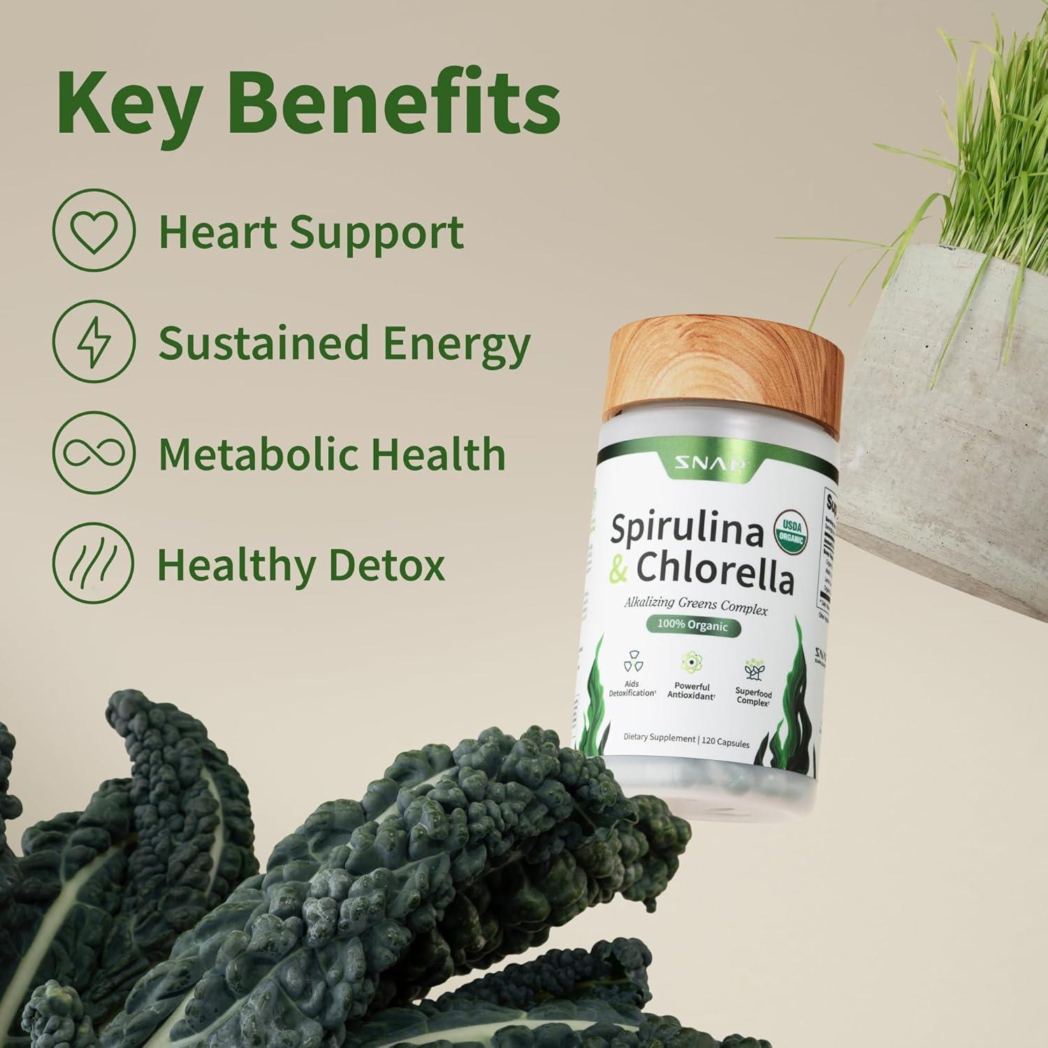 Cápsulas Orgánicas de Espirulina y Clorella Snap Supplements 120 Unidades