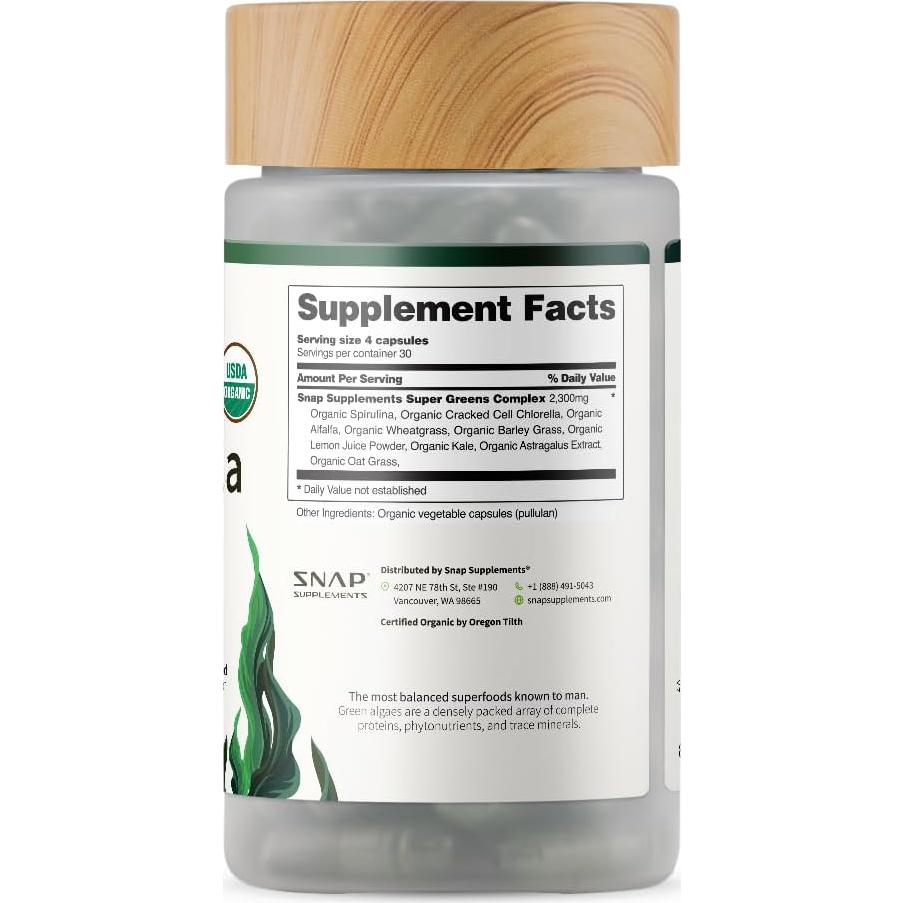 Cápsulas Orgánicas de Espirulina y Clorella Snap Supplements 120 Unidades