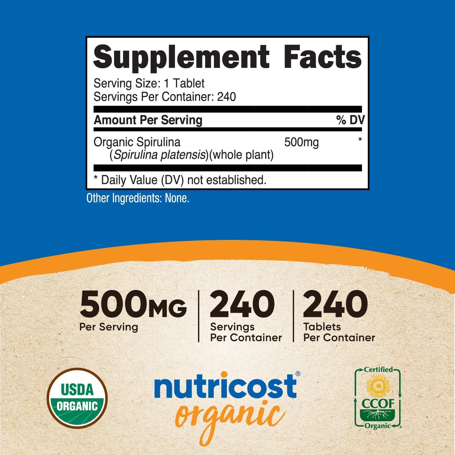 Espirulina Orgánica Nutricost 500mg - 240 Tabletas Sin Gluten