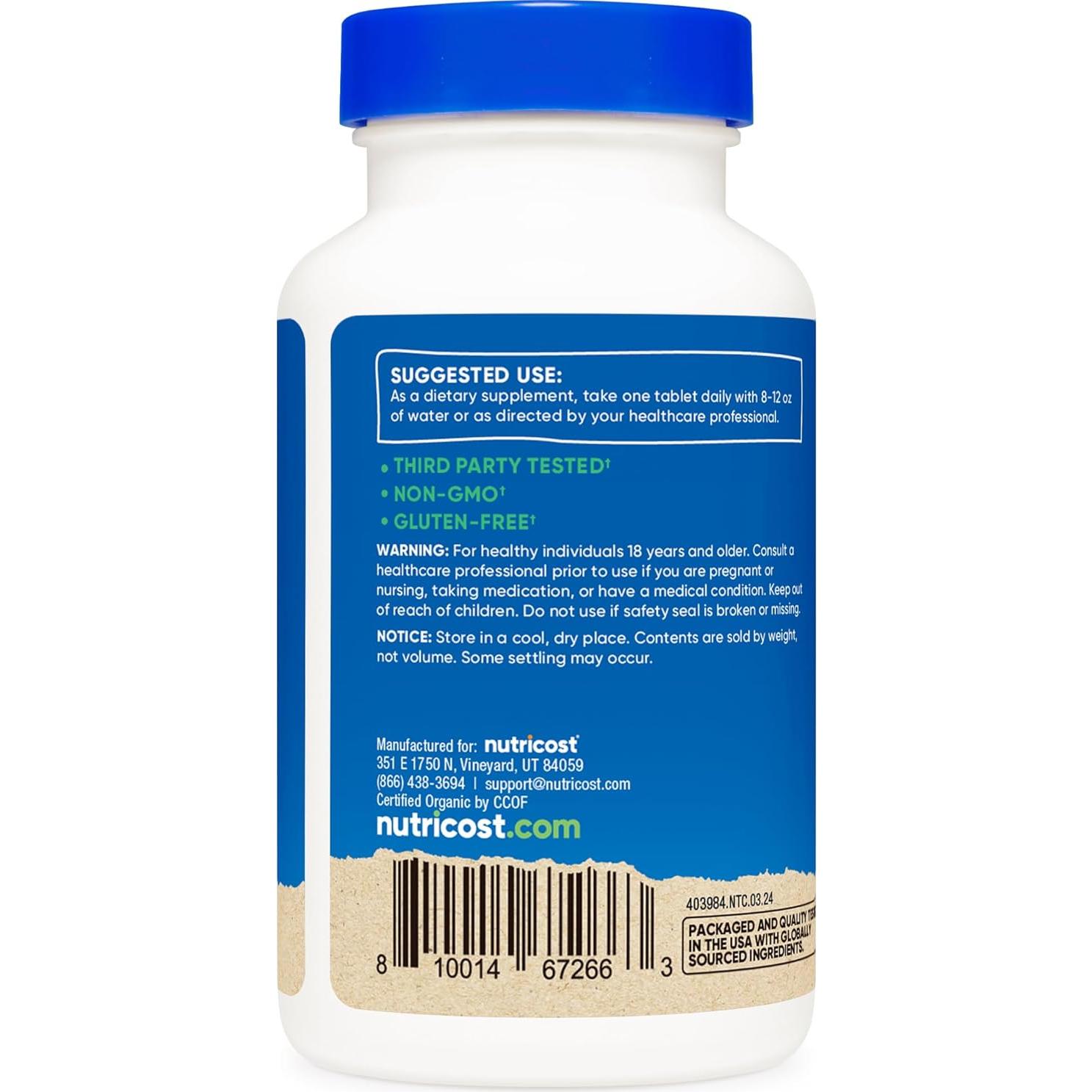 Espirulina Orgánica Nutricost 500mg - 240 Tabletas Sin Gluten