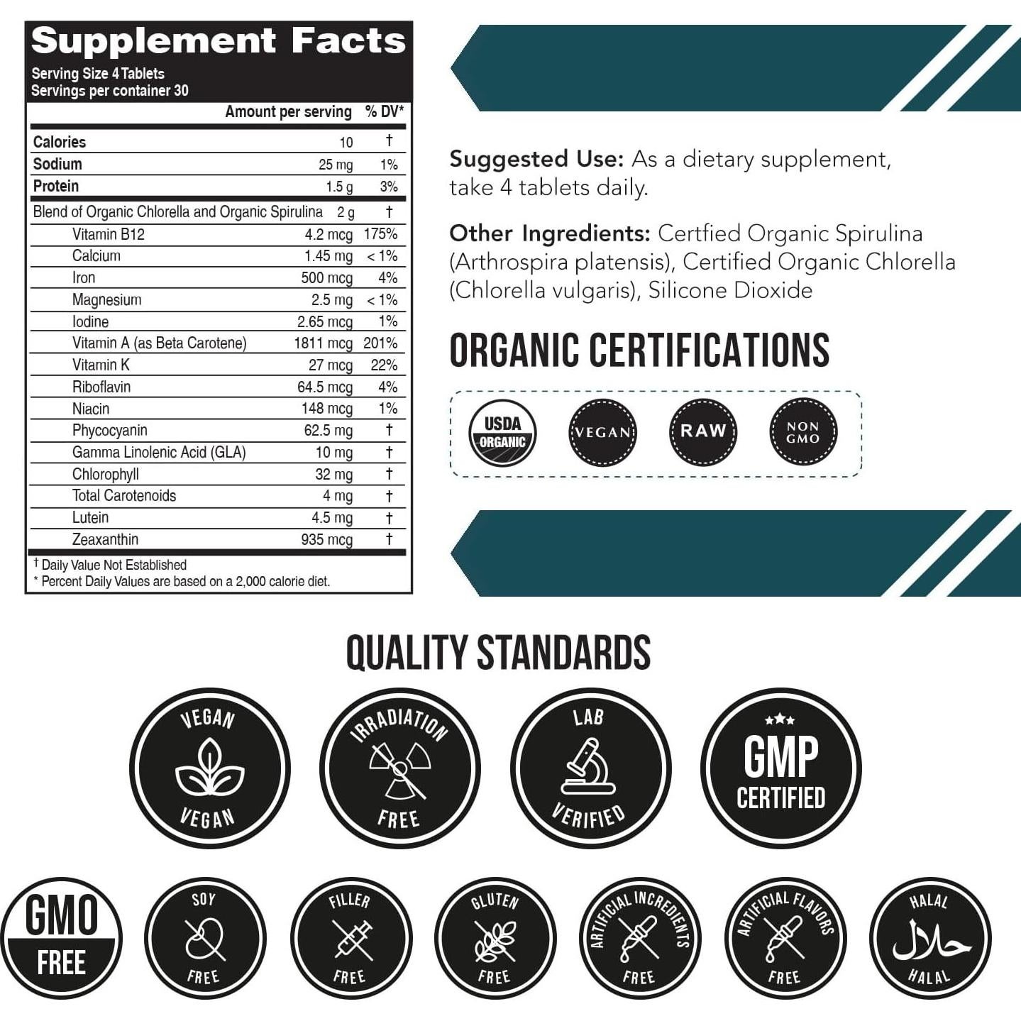 Tabletas de Espirulina y Clorella Orgánicas Triquetra Health - 120 Unidades