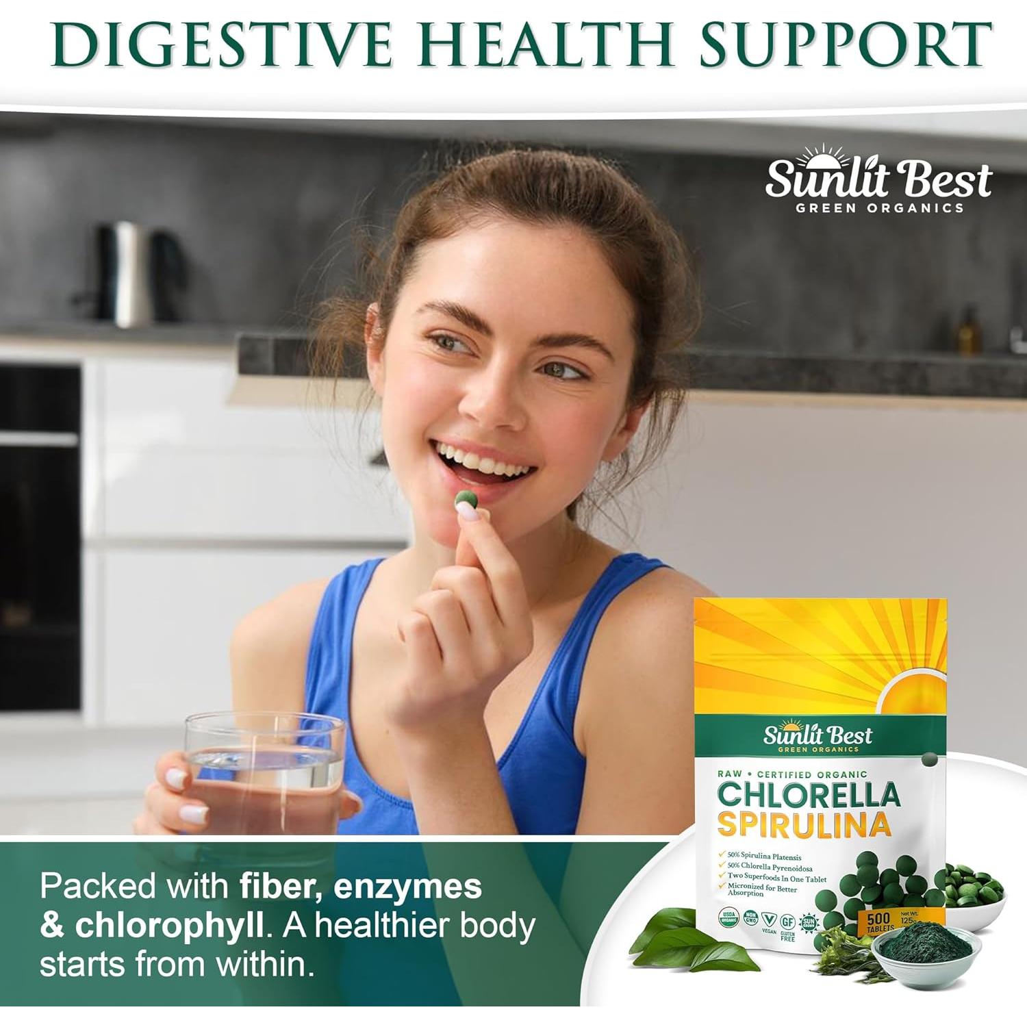Tabletas de Chlorella y Espirulina Sunlit Best 500 Piezas - Orgánico