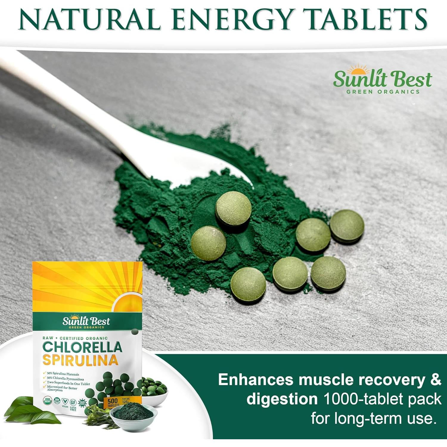 Tabletas de Chlorella y Espirulina Sunlit Best 500 Piezas - Orgánico
