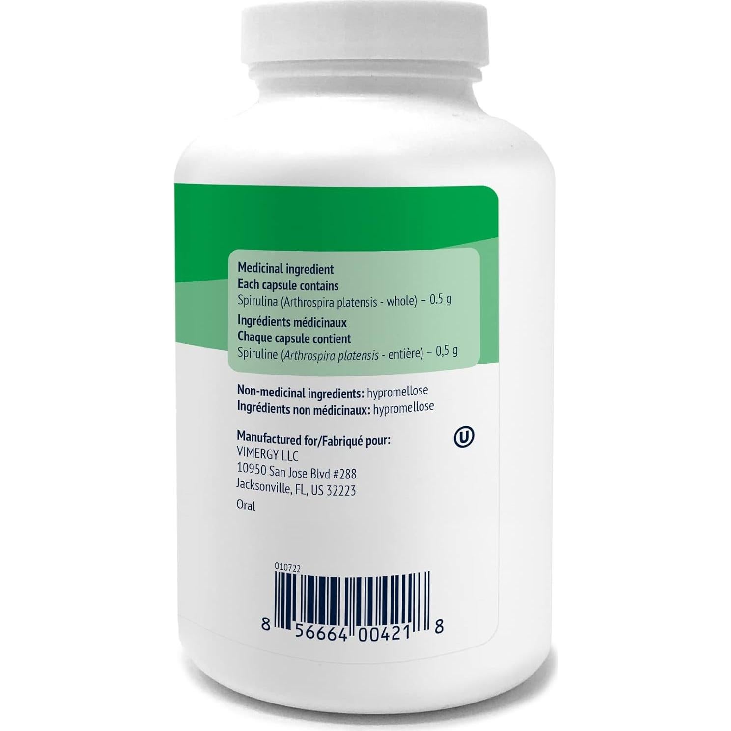 Cápsulas de Spirulina Vimergy - Proteína Vegetal 180 Unidades