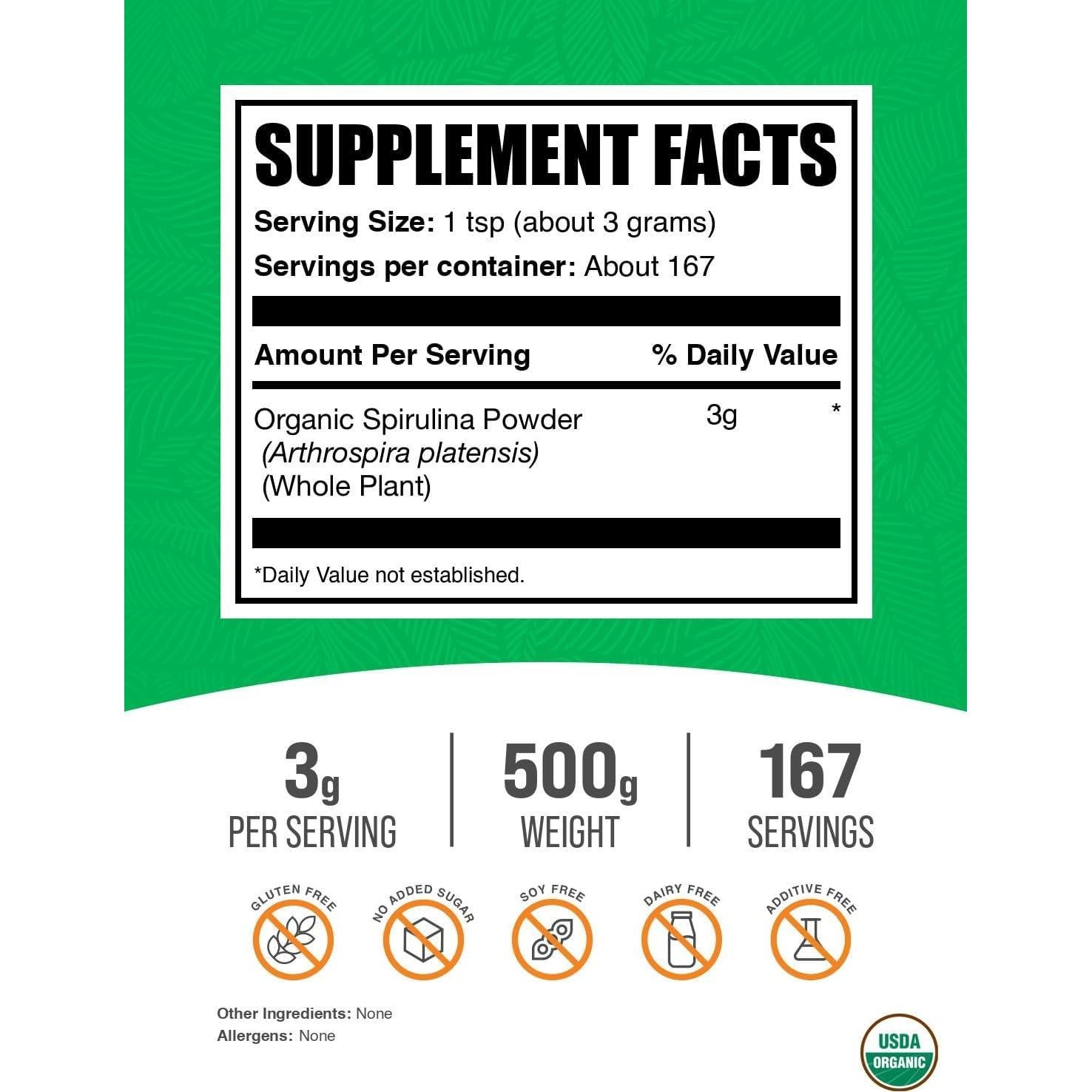 Polvo de Espirulina Orgánica BulkSupplements 500g - Superalimento Vegano