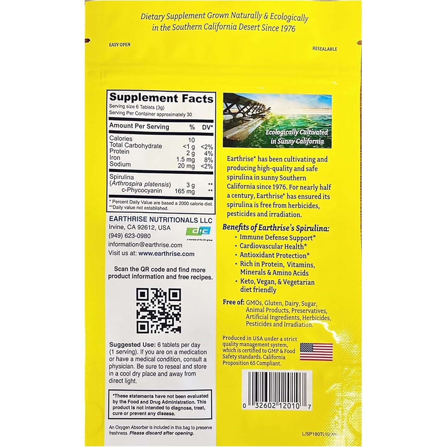 Espirulina 100% Natural Earthrise 500mg 180 Tabletas Veganas